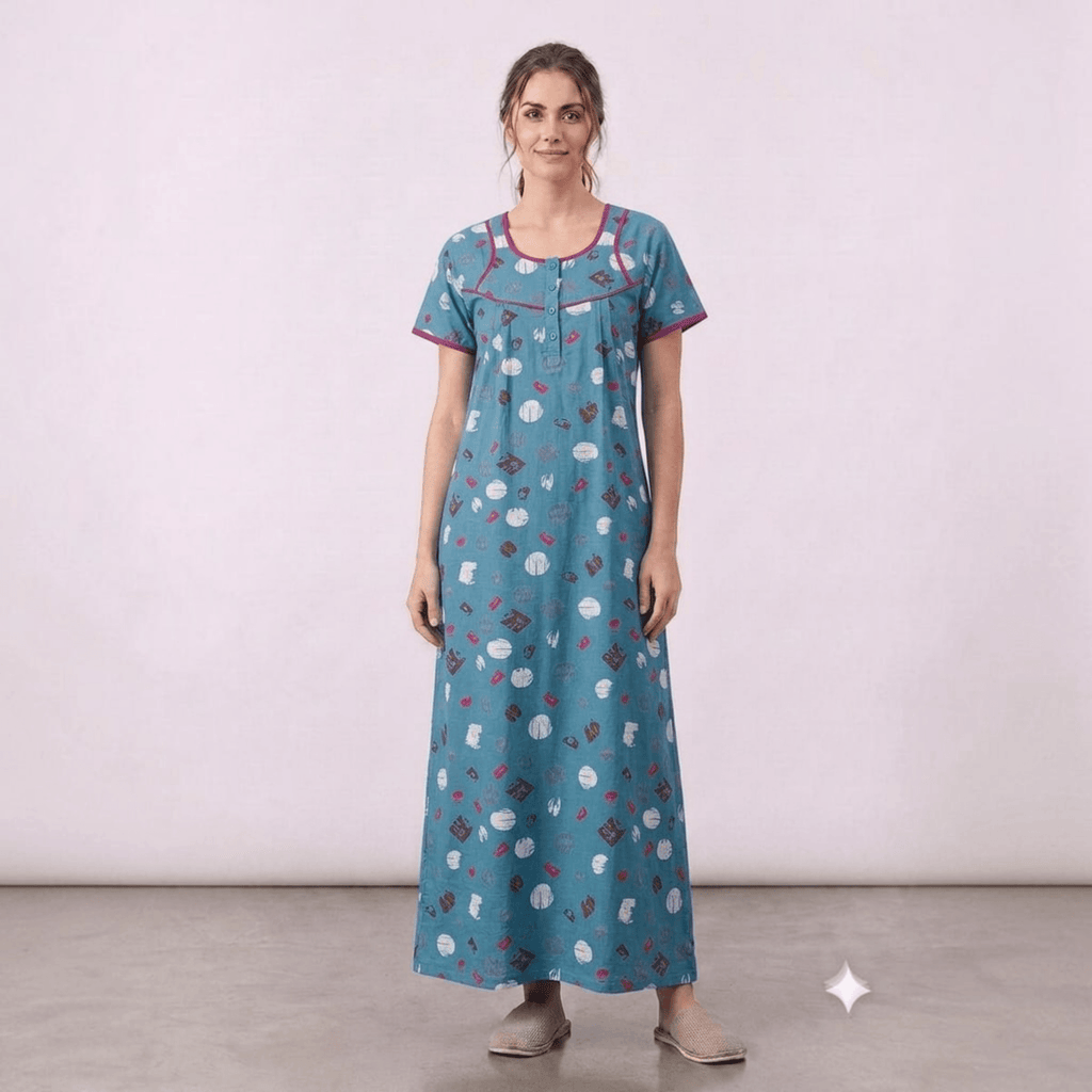 City Center women's teal cotton feeding gown with patterned print, neck embroidery, and short sleeves.