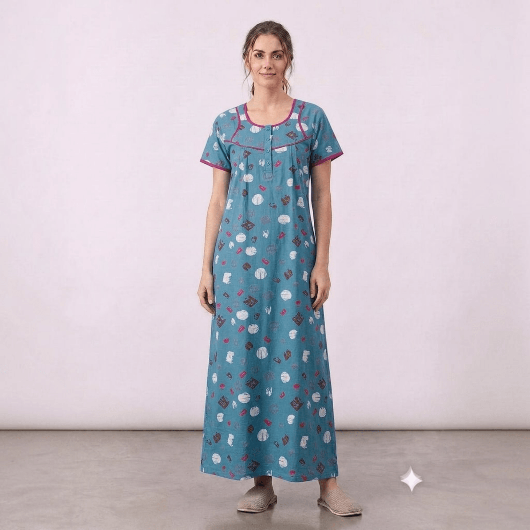 City Center women's teal cotton feeding gown with patterned print, neck embroidery, and short sleeves.