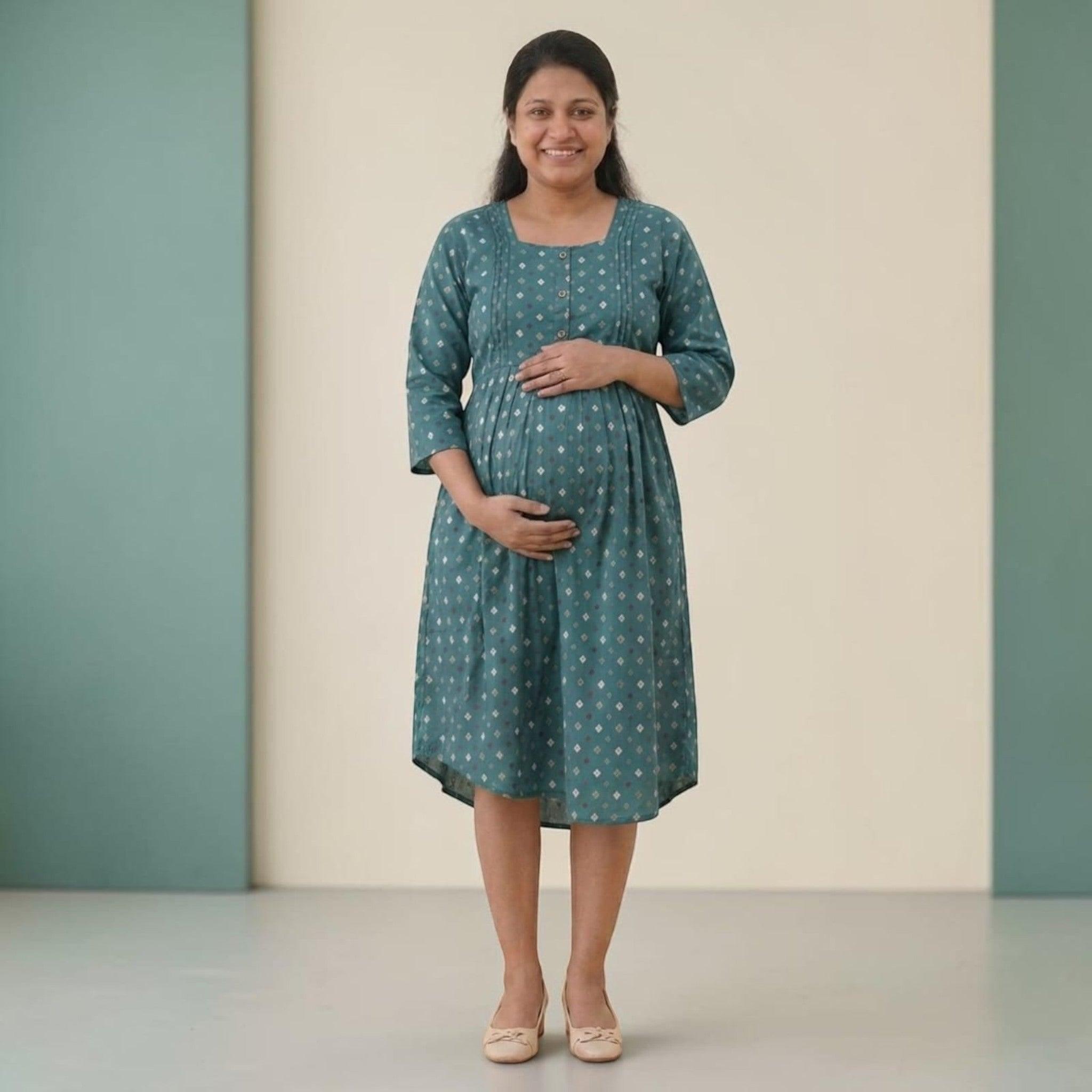 City Center maternity and nursing gown in teal cotton with a geometric print, square neckline, and concealed zippers.