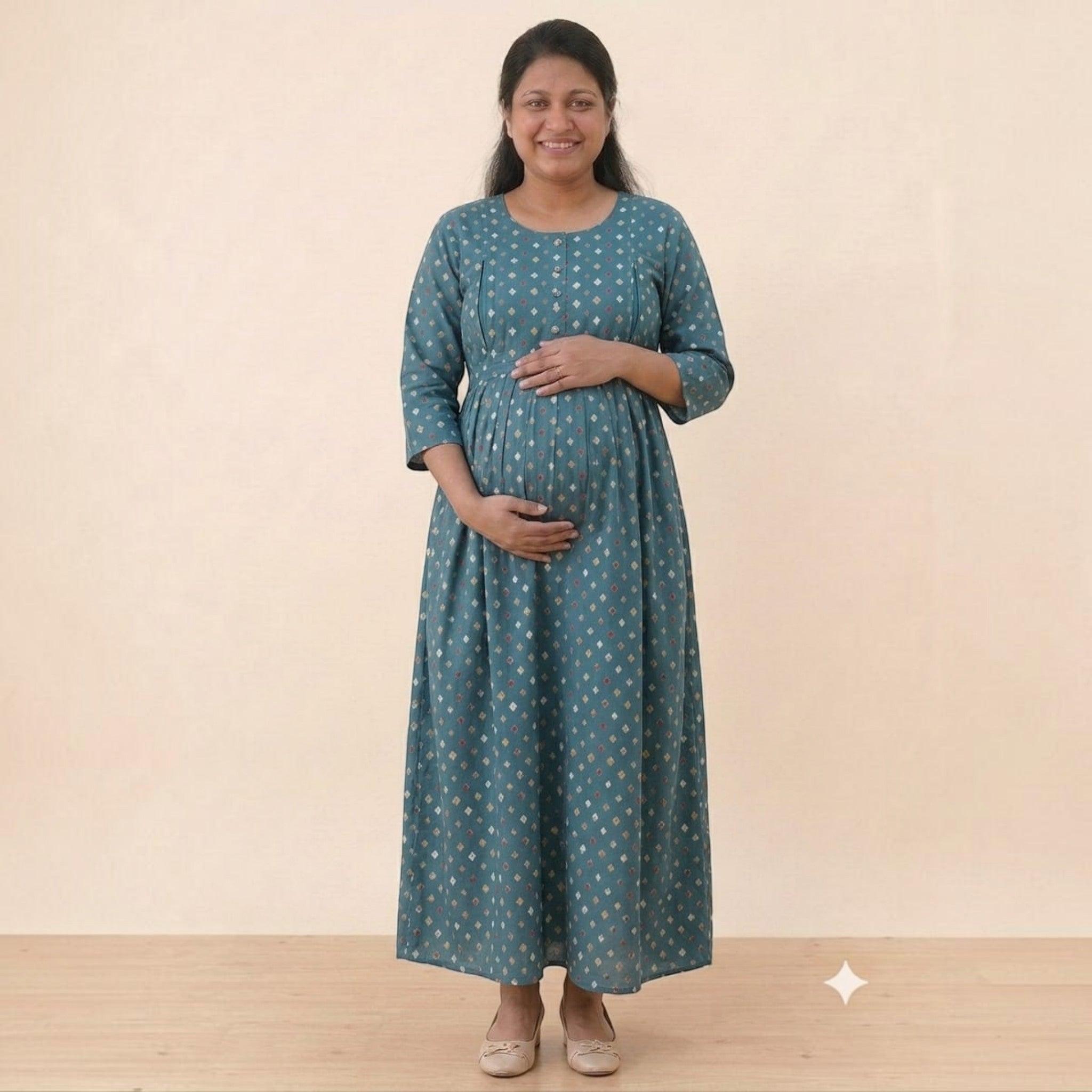 City Center teal cotton maternity and nursing gown with a geometric print and concealed zippers for breastfeeding