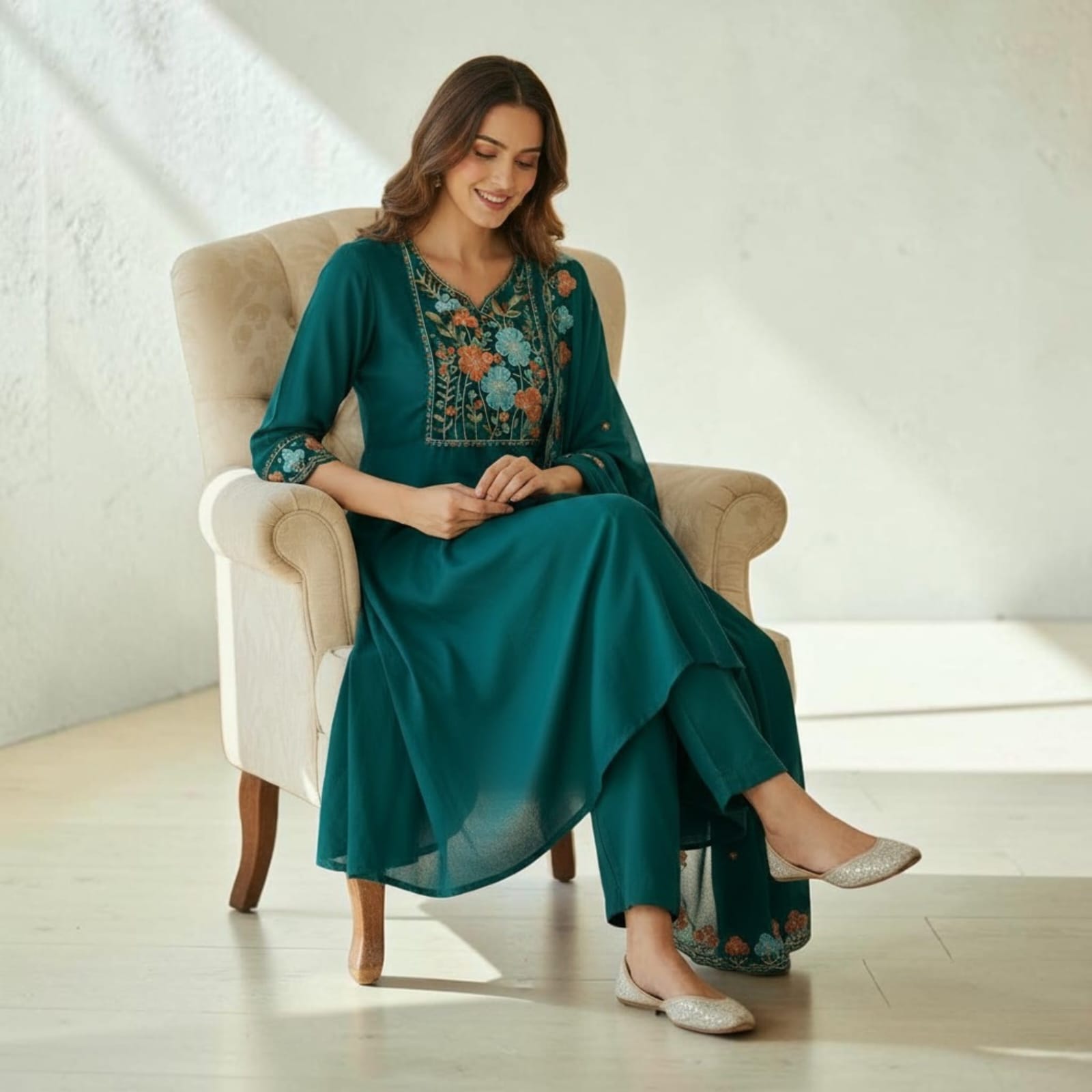 City Center teal denim kurti with floral embroidery and pockets worn by a woman sitting in a beige armchair
