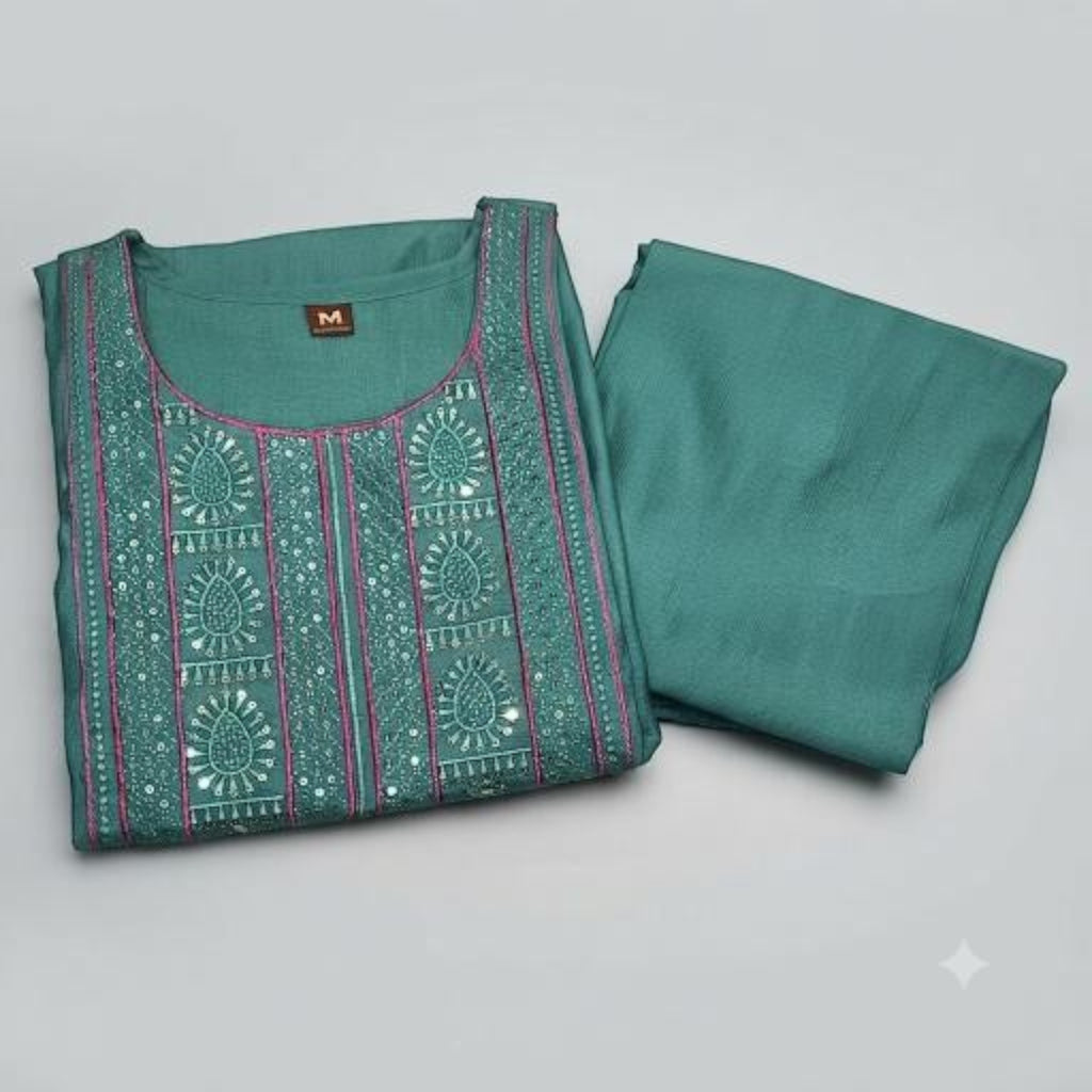 City Center premium ethnic co-ord set in teal with intricate pink embroidery and mirror work on the kurta and pants