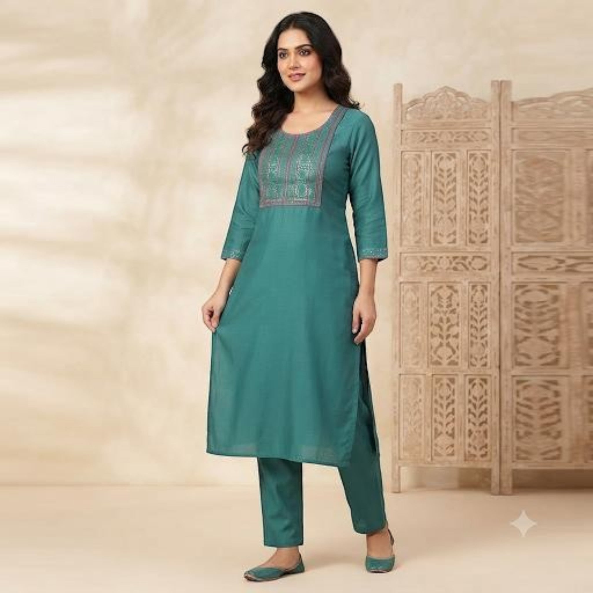 City Center teal ethnic co-ord set featuring a long kurta with intricate embroidery and matching straight-leg trousers.