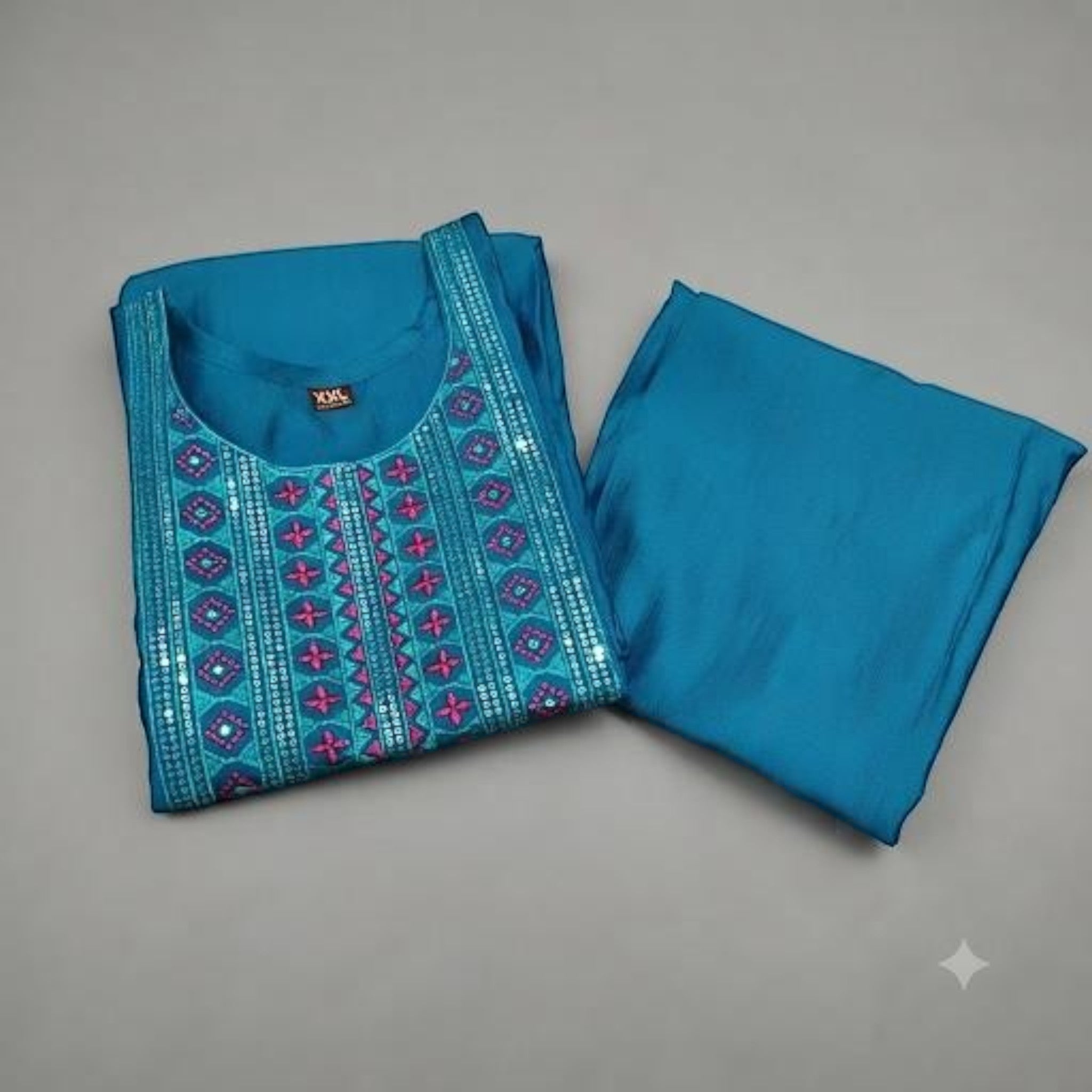 City Center premium ethnic co-ord set in teal blue with intricate pink and silver mirror work embroidery