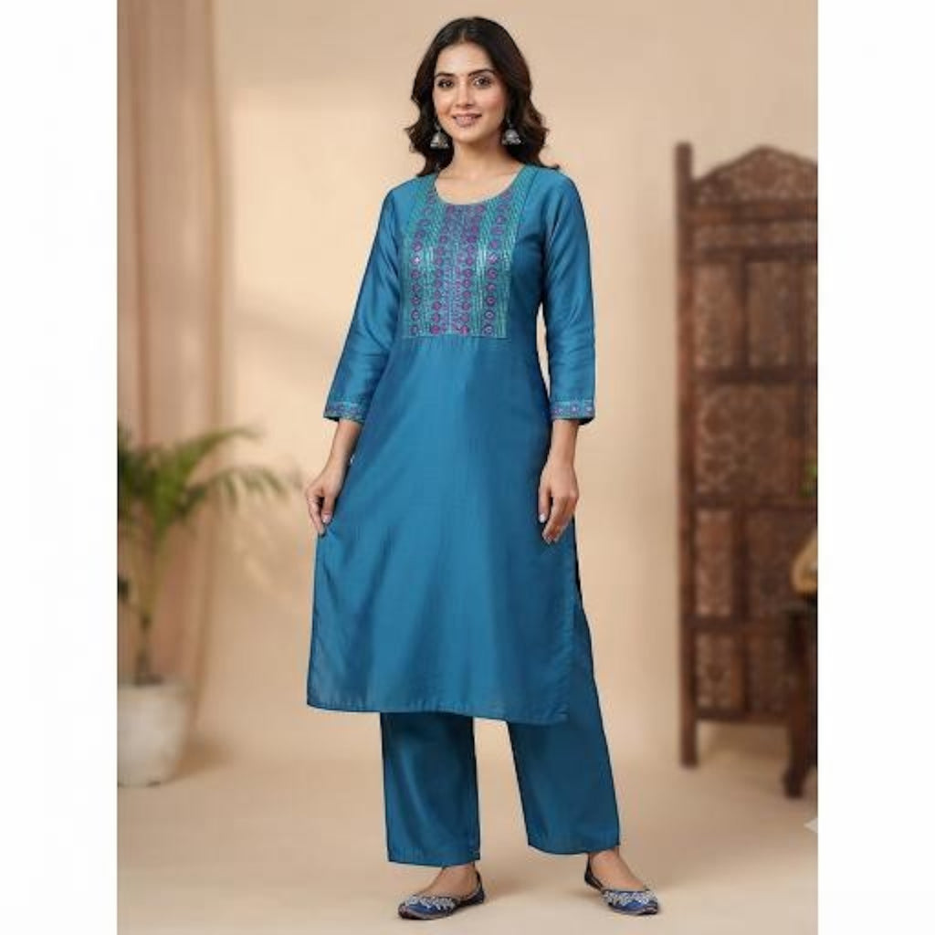 City Center premium teal ethnic co-ord set with intricate embroidery on the kurta and matching wide-leg trousers.