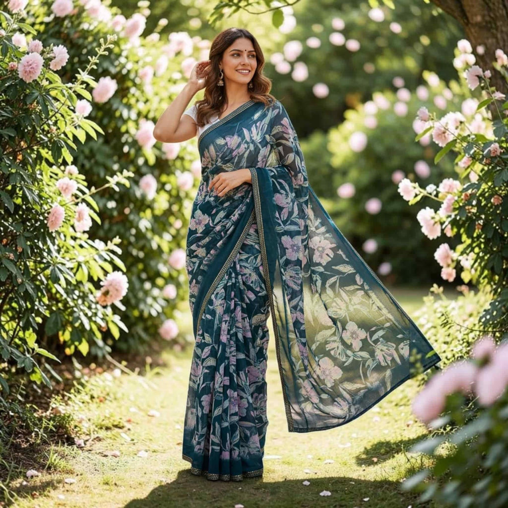 City Center chiffon saree with floral print in teal and pink, worn by a woman in a garden setting.