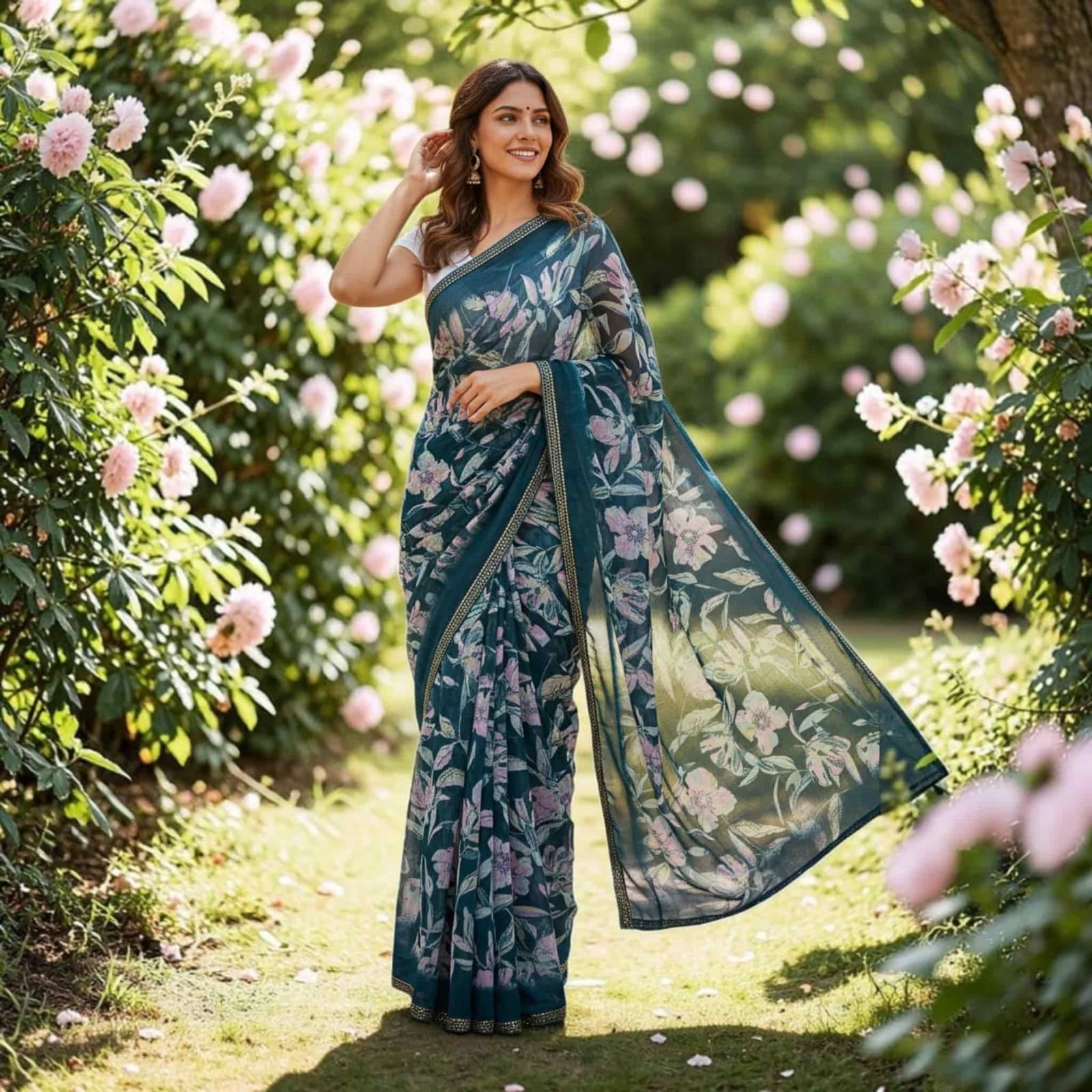 City Center chiffon saree with floral print in teal and pink, worn by a woman in a garden setting.