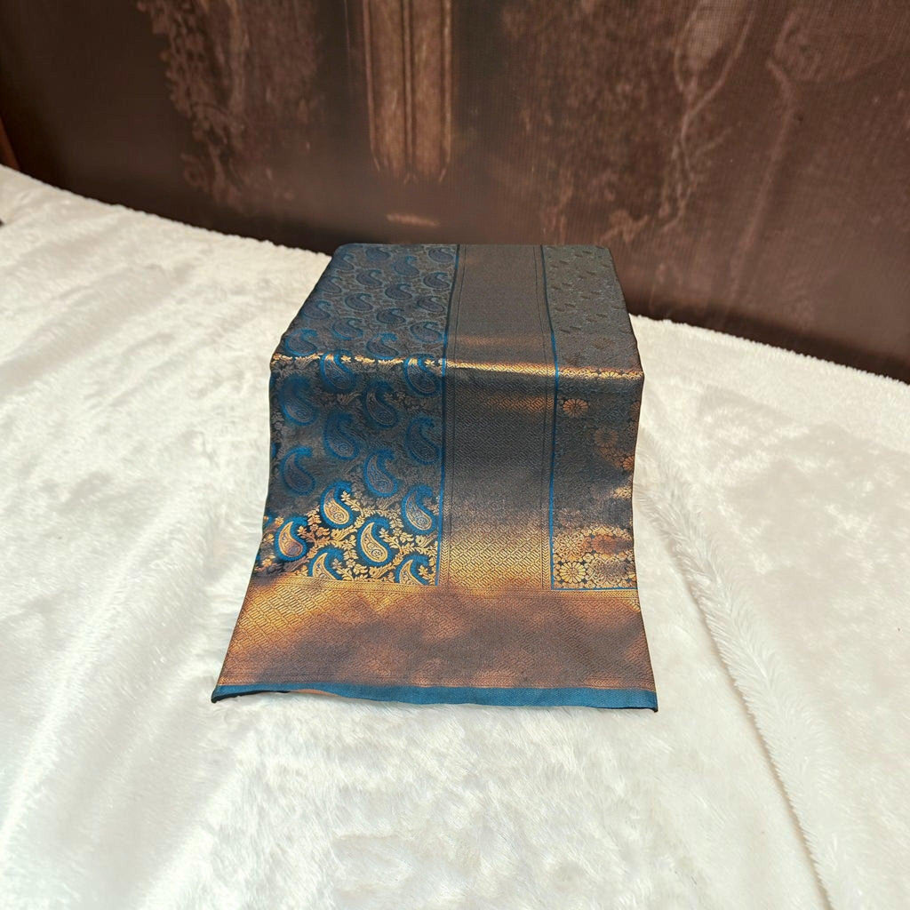 City Center satin silk saree in deep teal and gold with intricate paisley and floral woven patterns