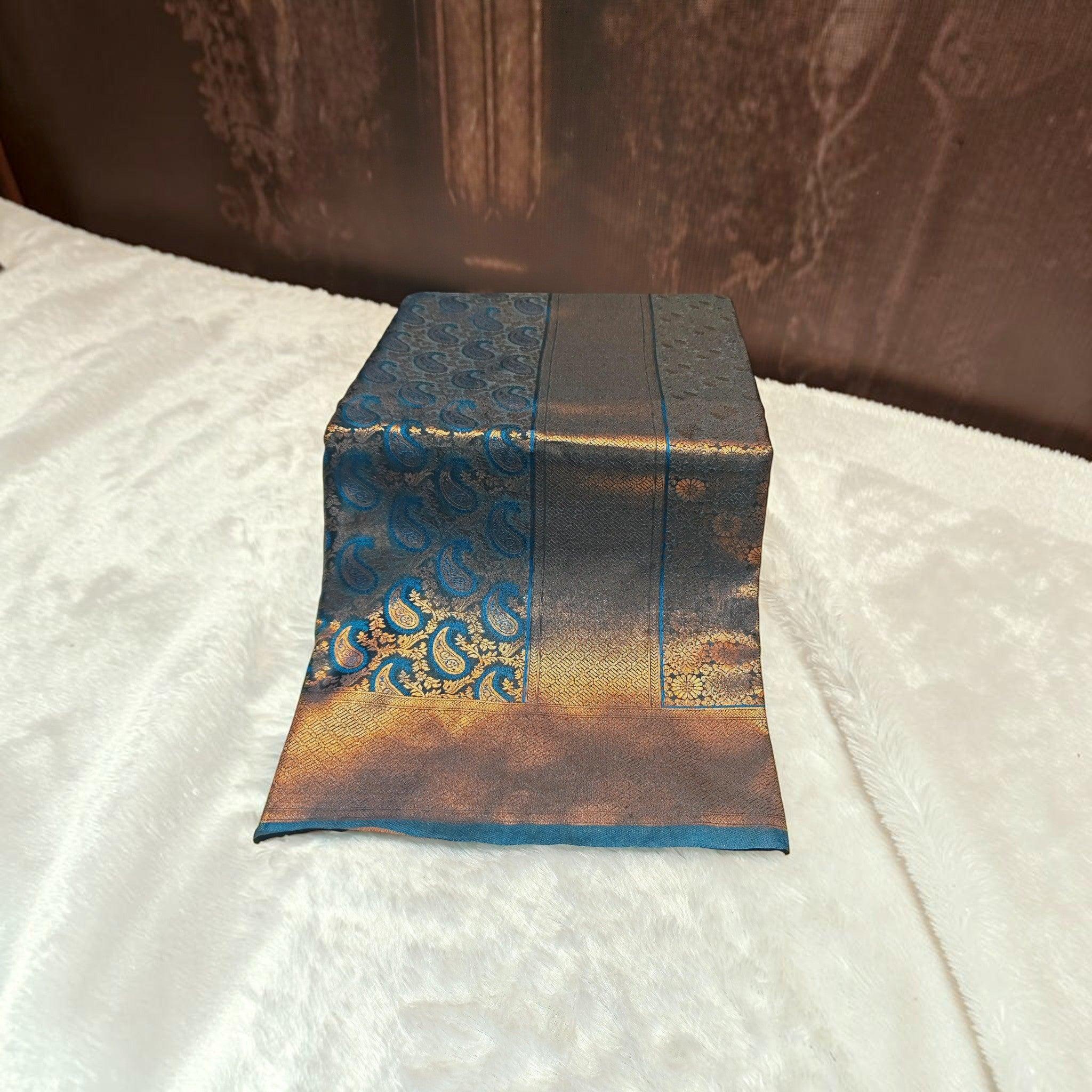 City Center satin silk saree in deep teal and gold with intricate paisley and floral woven patterns