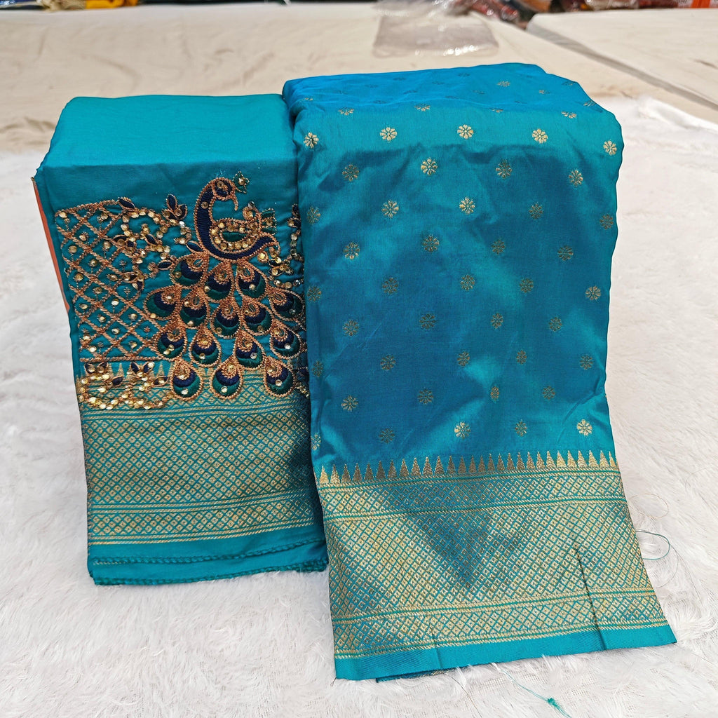 City Center teal Kalanjali silk saree with gold woven border and peacock Aari embroidery blouse piece