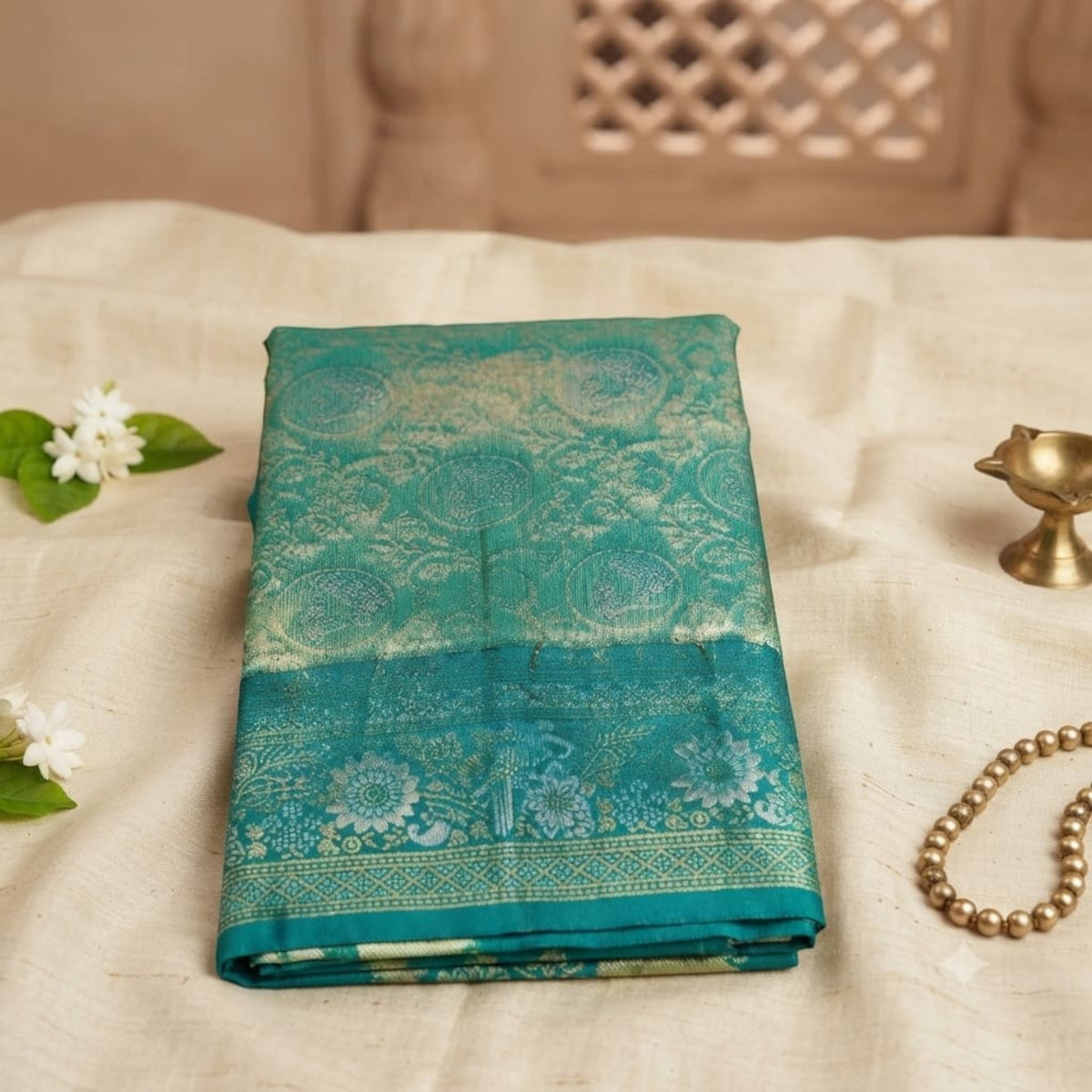 City Center premium teal Kanjivaram saree with intricate gold zari floral patterns, folded on a cream fabric surface.