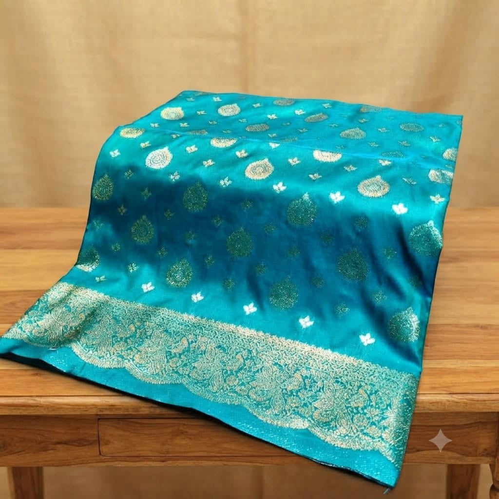 City Center teal Rekha Kathpadar saree with intricate gold zari floral motifs and a wide ornate border