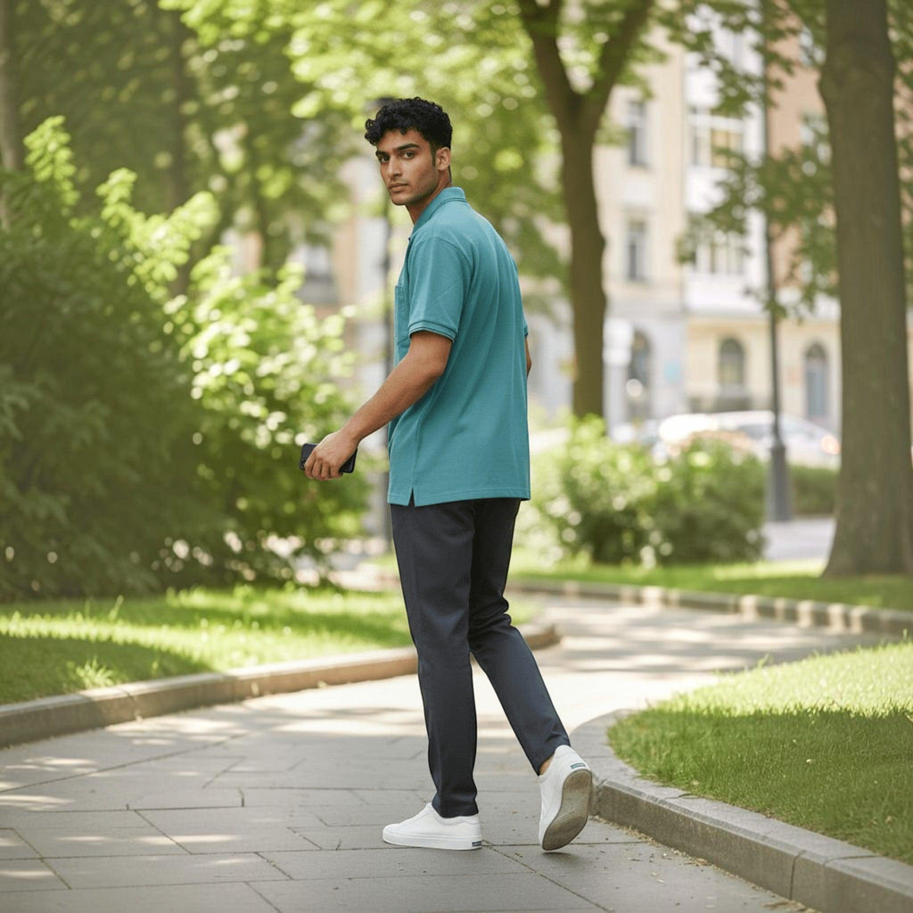 City Center men's teal polo shirt with a tailored fit, worn by a man walking on a park path with dark trousers.