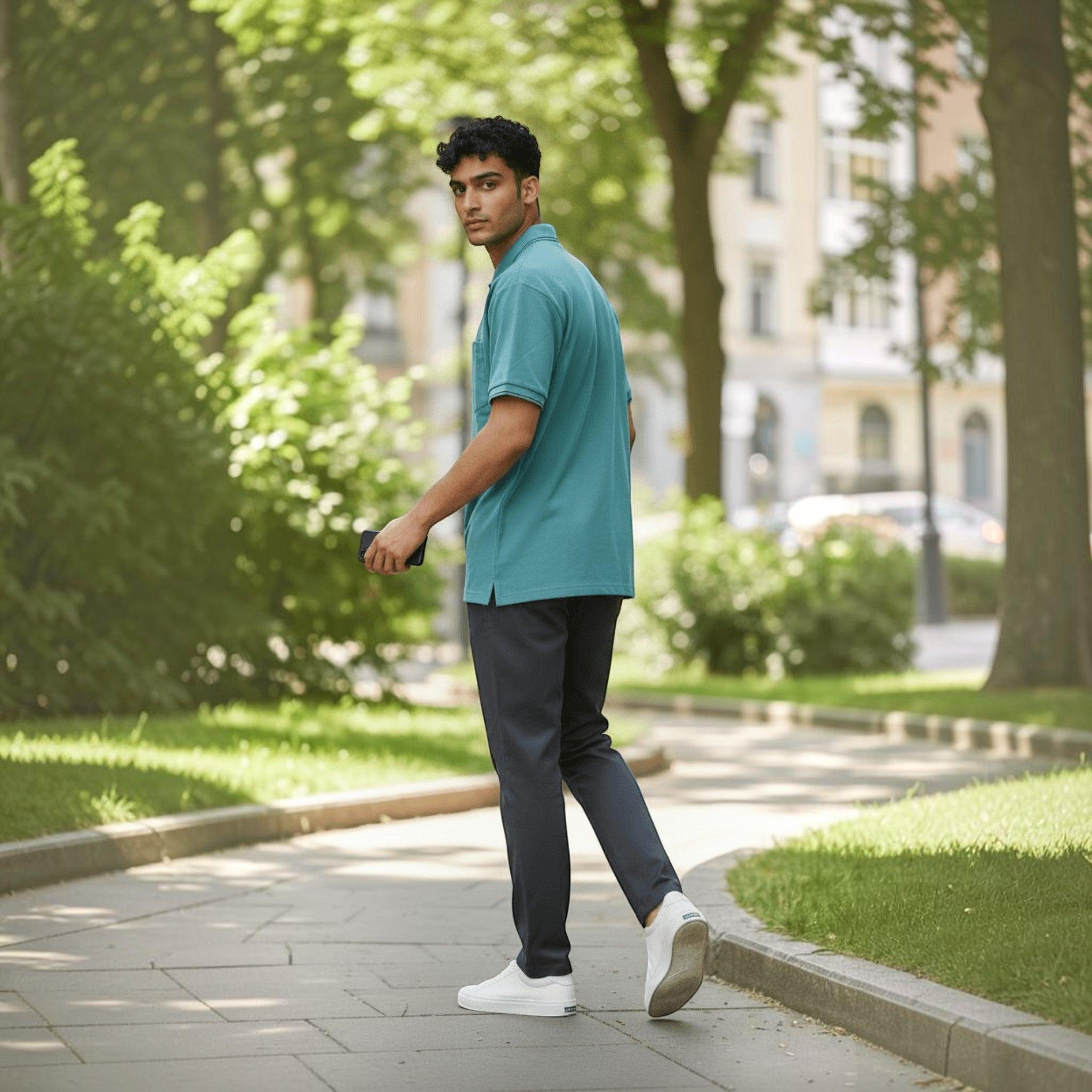 City Center men's teal polo shirt with a tailored fit, worn by a man walking on a park path with dark trousers.