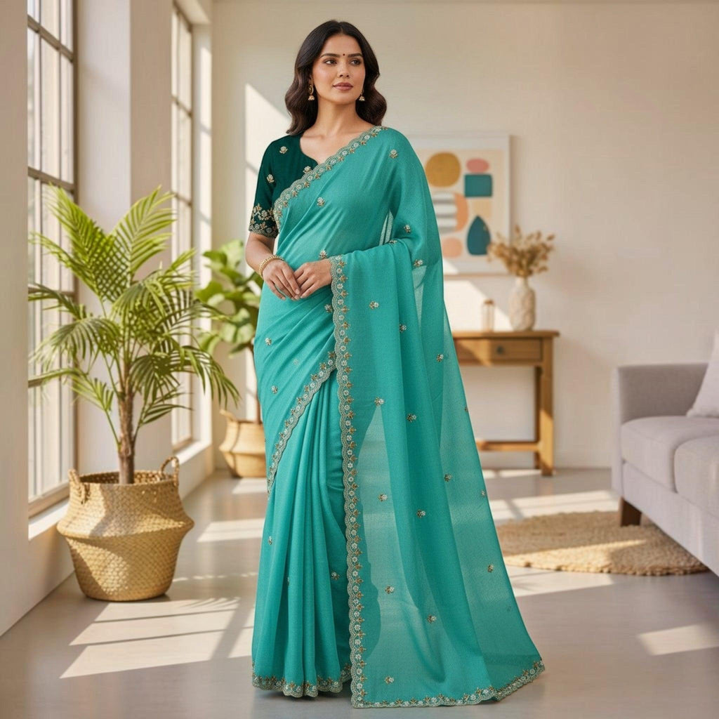 City Center teal organza saree with intricate beadwork and a contrasting dark green blouse worn by a woman indoors.