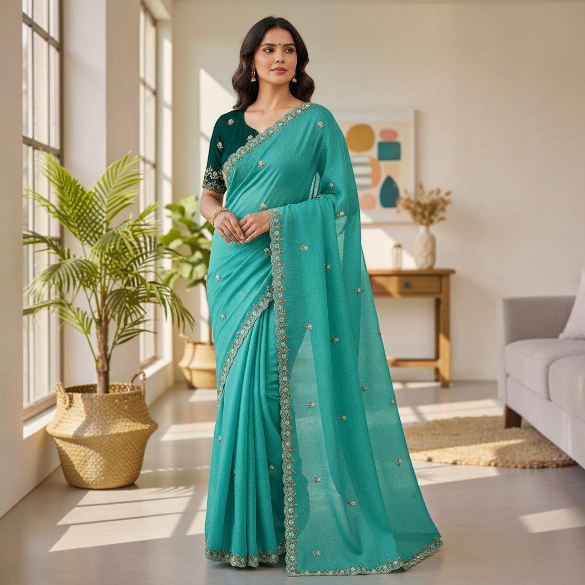 City Center teal organza saree with intricate beadwork and a contrasting dark green blouse worn by a woman indoors.