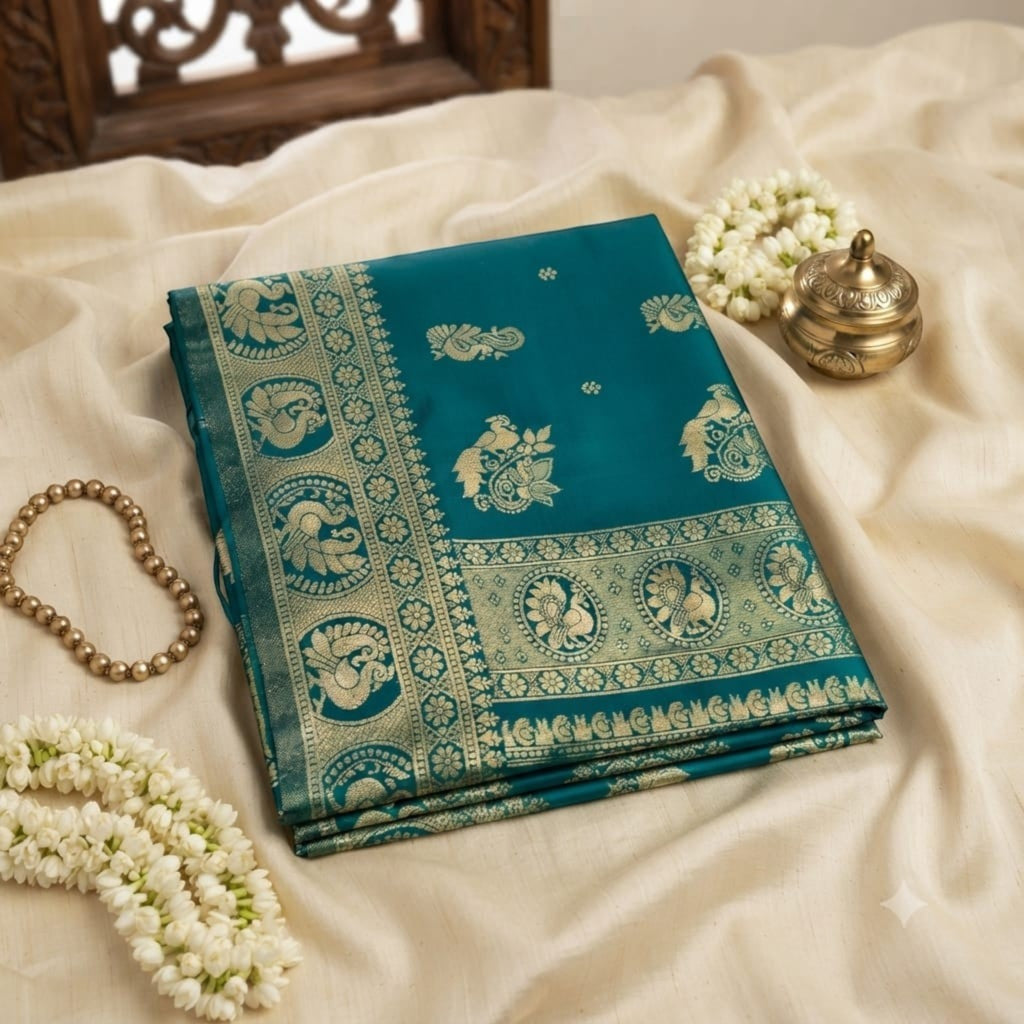 City Center Mayurakshi Paithani saree in teal with intricate gold zari peacock motifs on a cream fabric background.