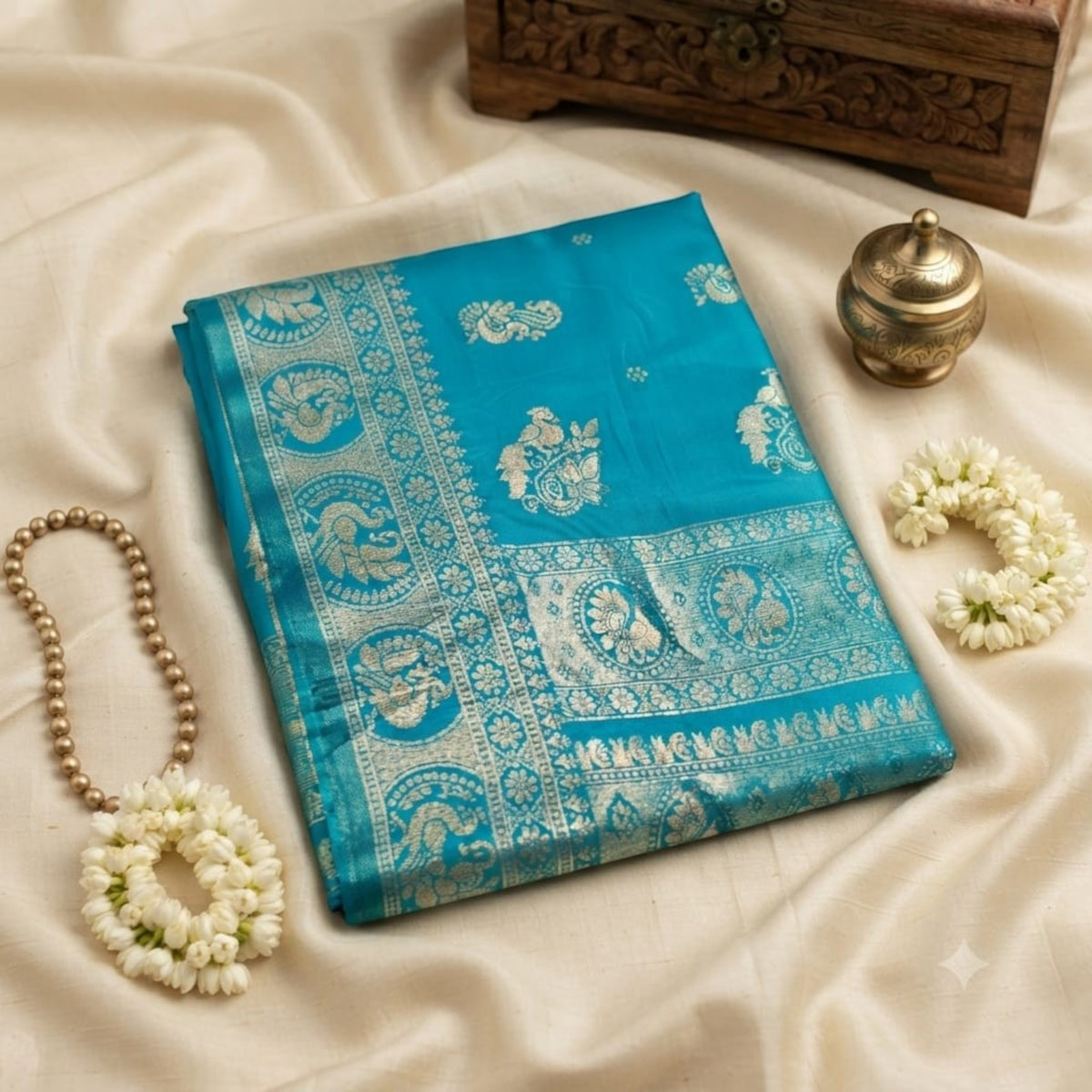 City Center Mayurakshi Paithani saree in vibrant teal with intricate silver zari peacock motifs and traditional border.