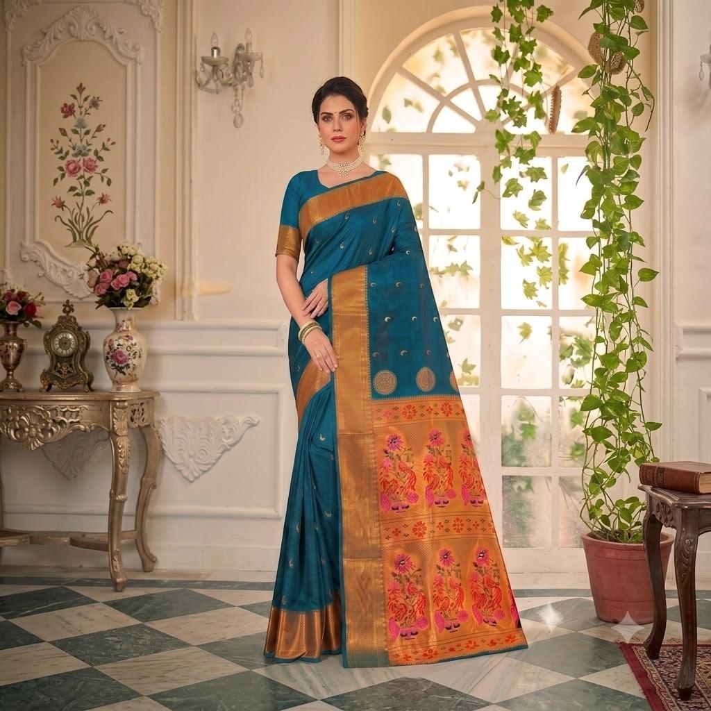 City Center teal blue handwoven Paithani silk saree featuring a gold zari border with traditional Chandrakor moon motifs.