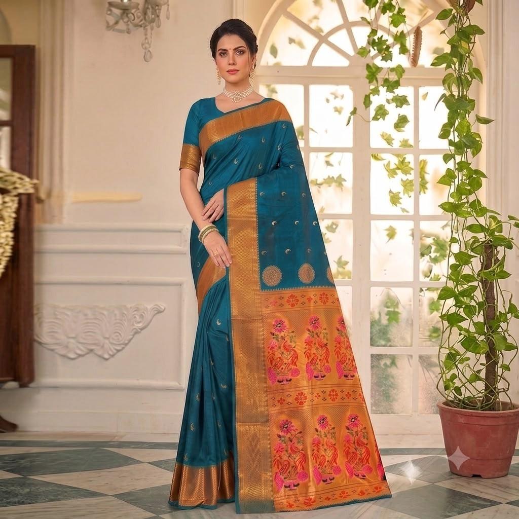 City Center teal silk Paithani saree with gold zari Chandrakor moon border and intricate peacock pallu motifs