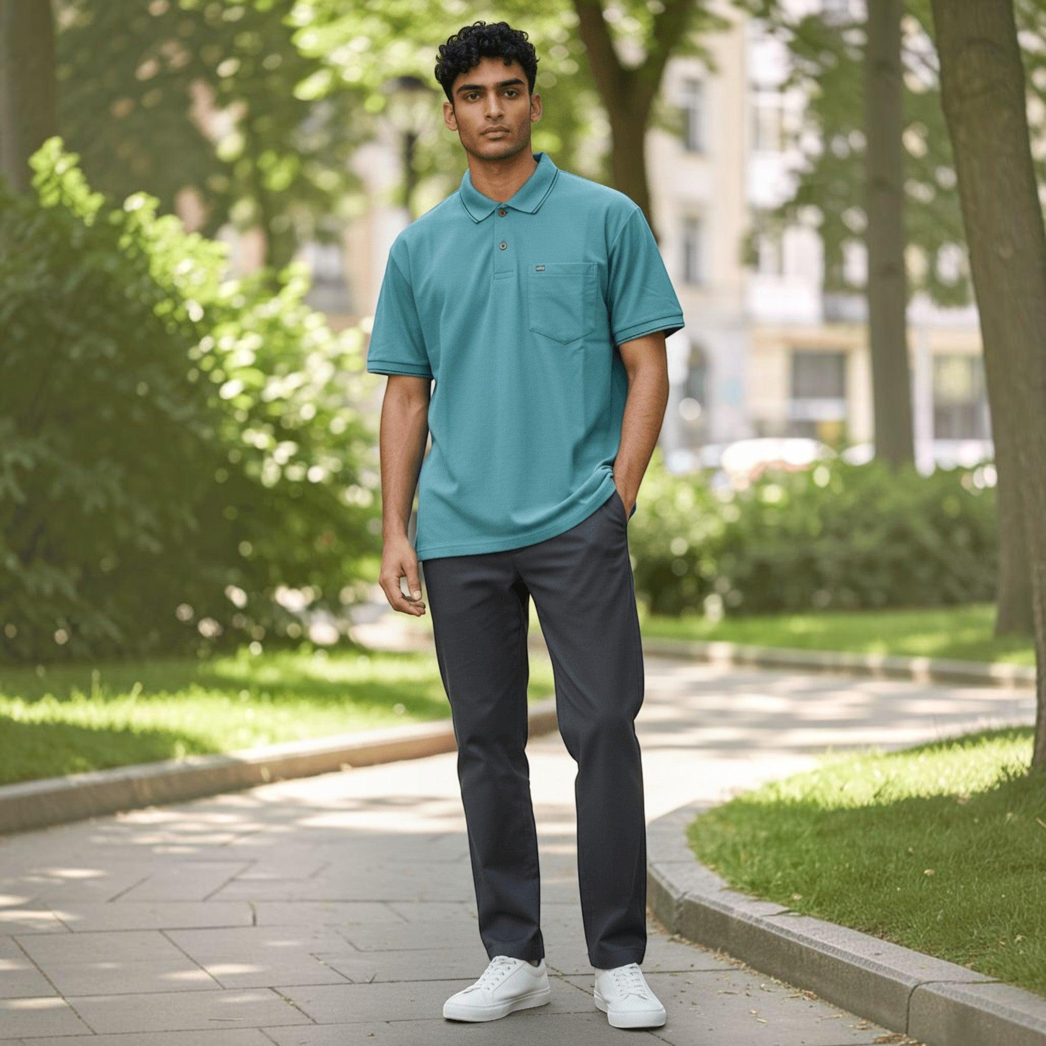 City Center teal polo shirt with chest pocket worn by a man in a park with dark trousers and white sneakers