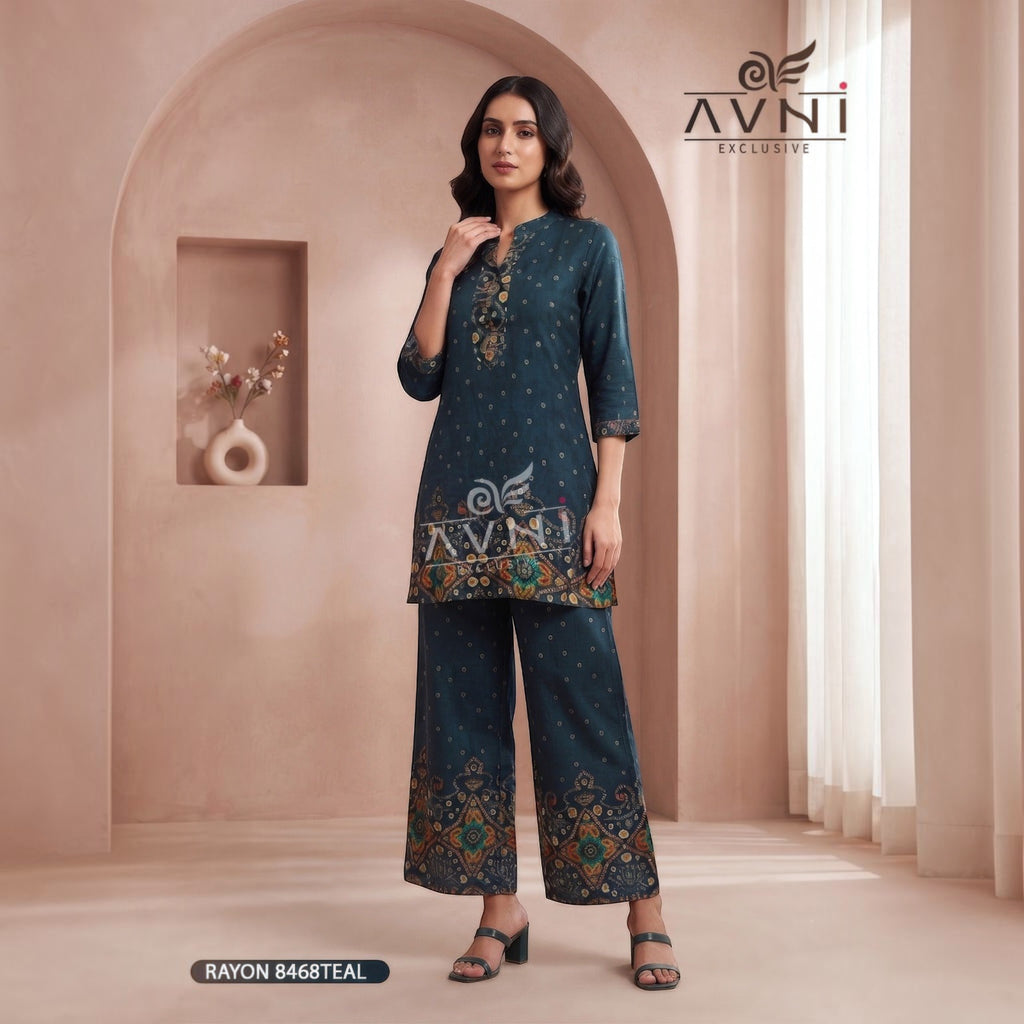 City Center women's ethnic teal rayon co-ord set featuring a printed kurta with three-quarter sleeves and wide-leg pants