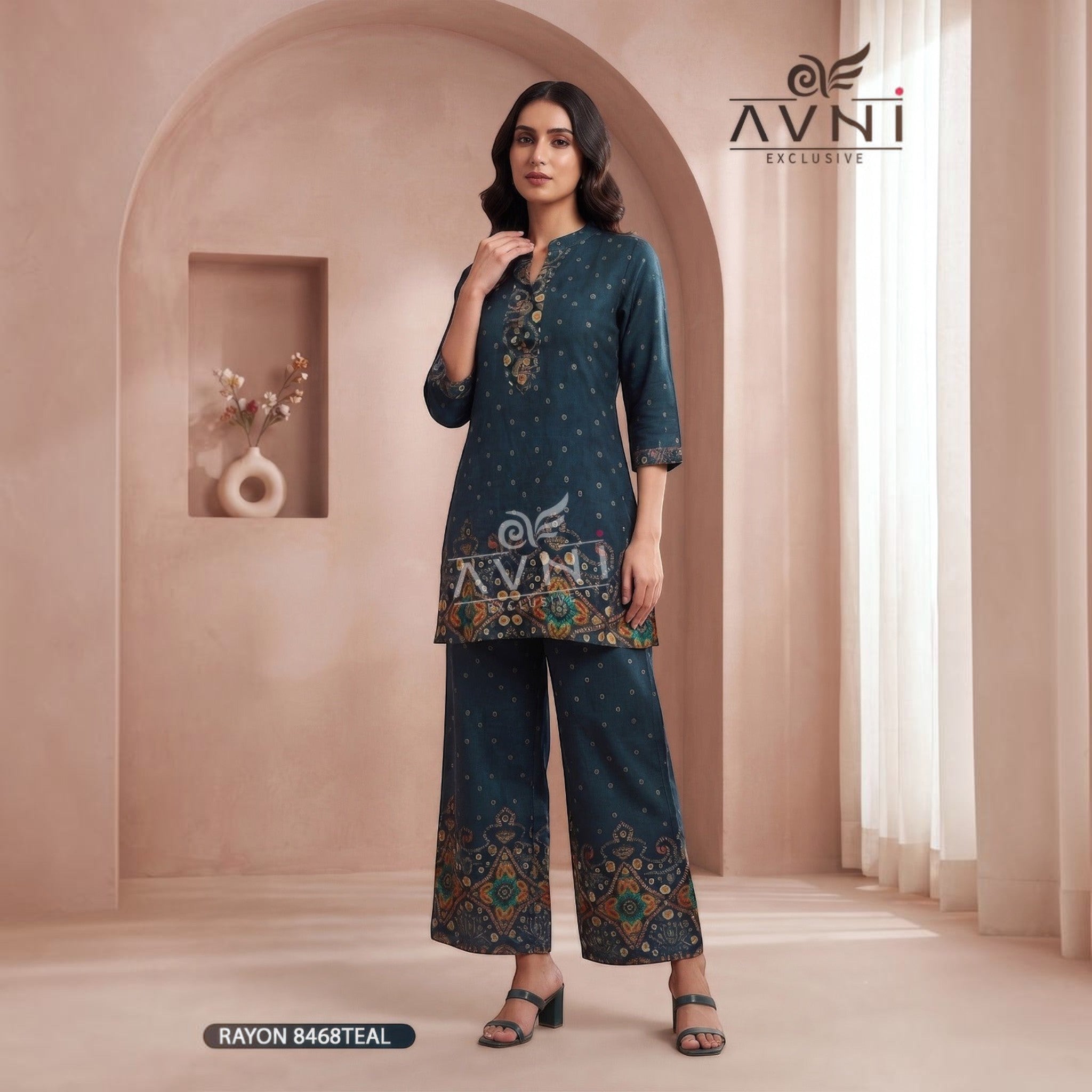 City Center women's ethnic teal rayon co-ord set featuring a printed kurta with three-quarter sleeves and wide-leg pants