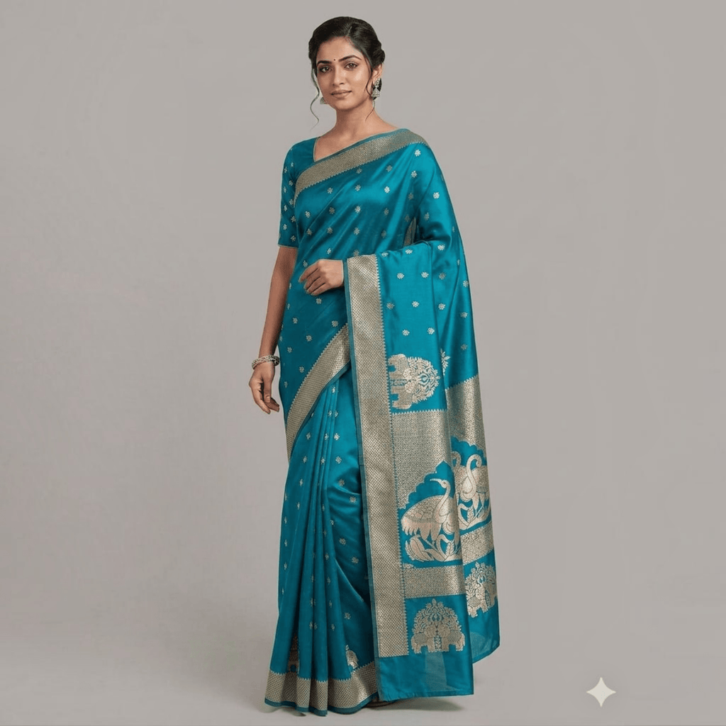 City Center teal silk Katpadar saree with intricate gold zari peacock motifs and a wide traditional brocade border.