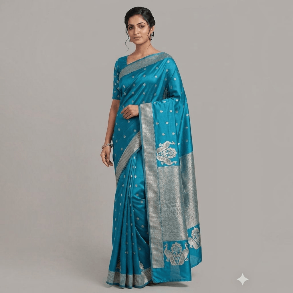 City Center teal silk Katpadar saree with intricate silver zari peacock motifs and a wide traditional brocade border.