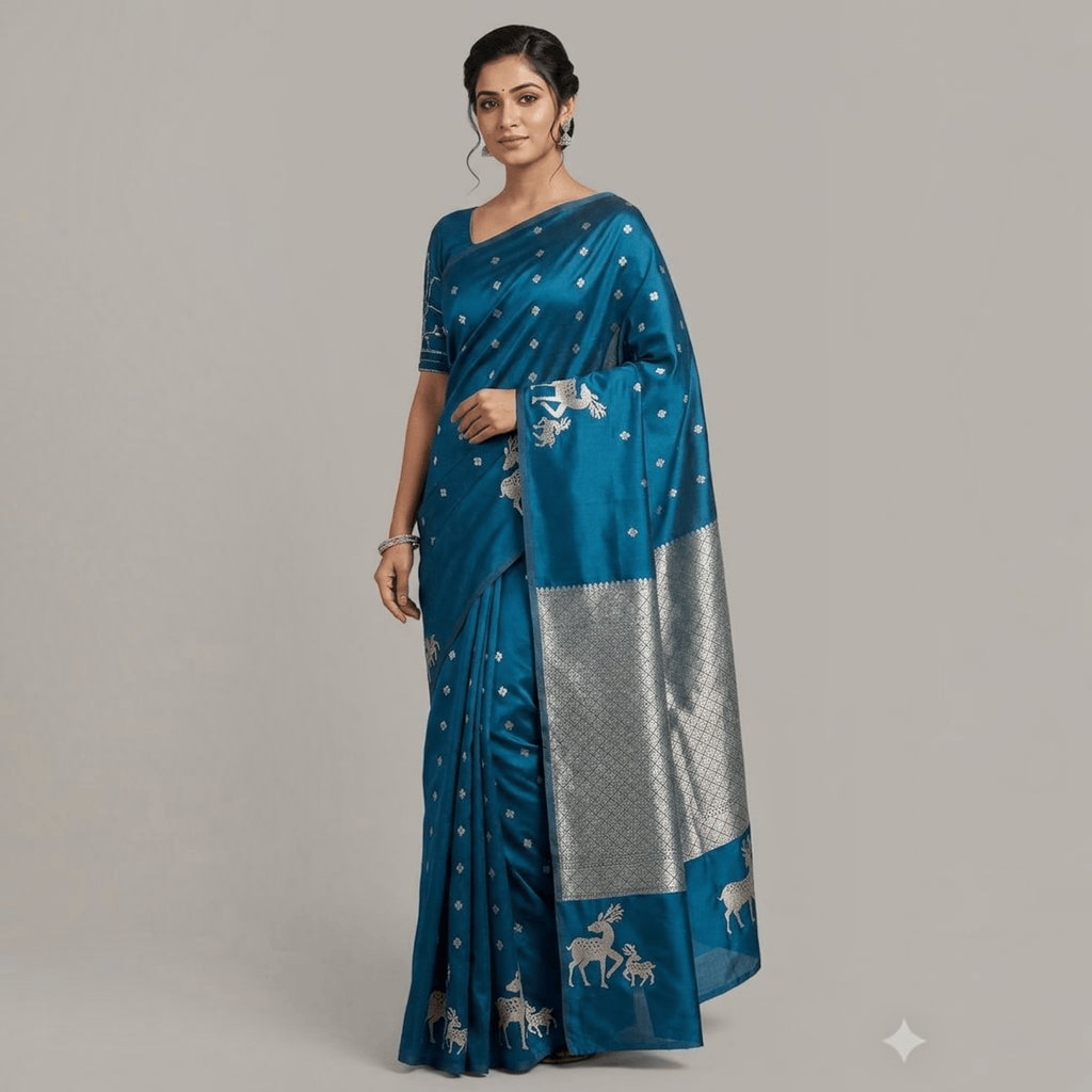 City Center premium teal silk Katpadar saree with intricate silver zari border and traditional deer motif detailing.