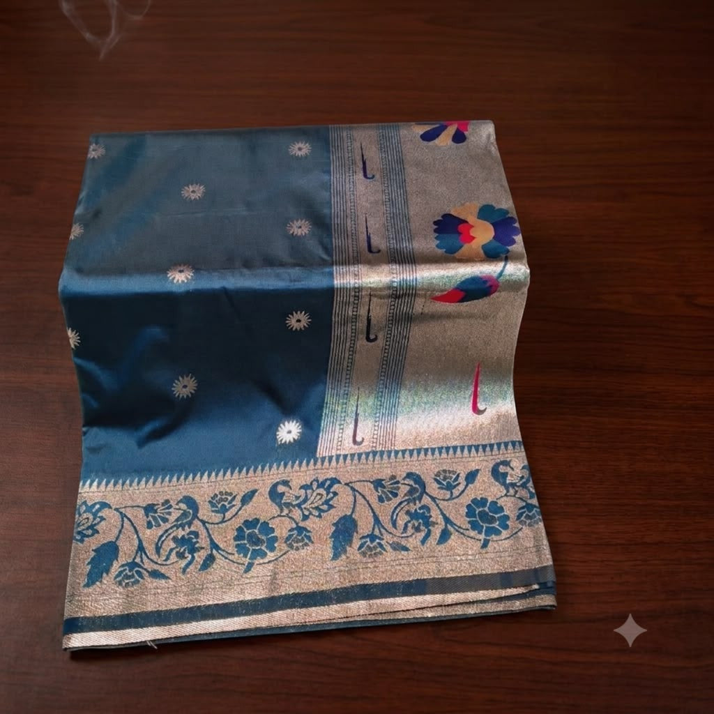 City Center Muniya Paithani saree in teal silk with intricate zari border and colourful parrot motifs on the pallu
