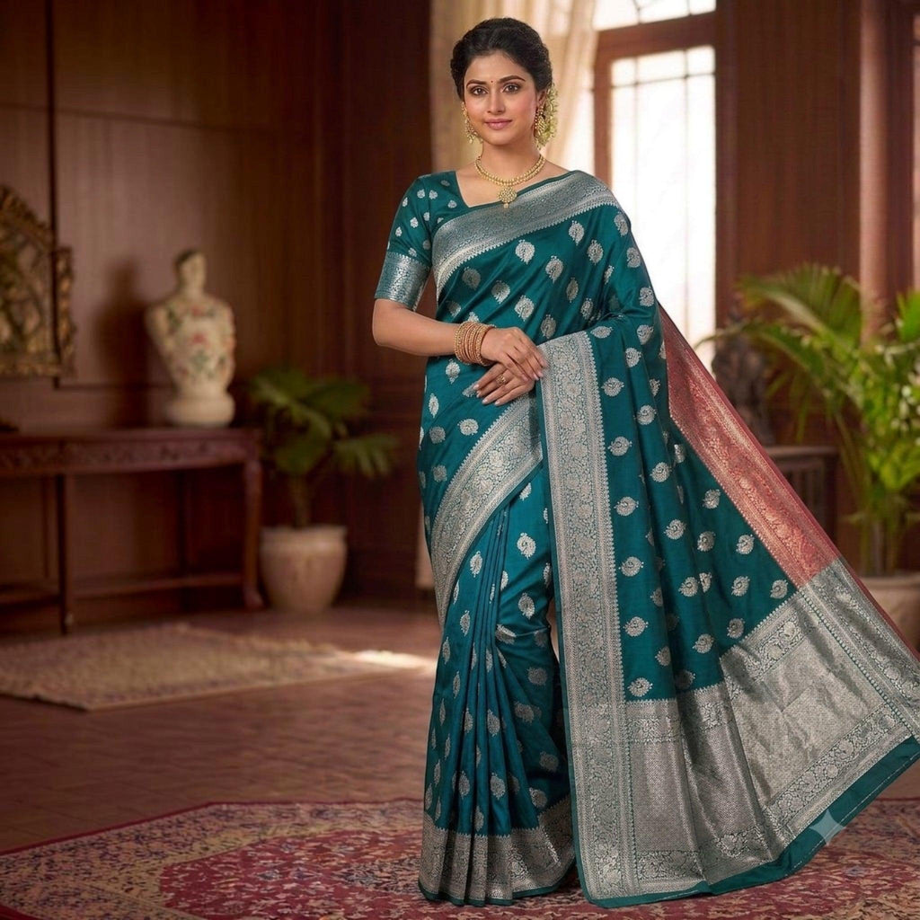 City Center teal silk saree with intricate silver zari weaving and floral motifs worn by a woman in a formal setting
