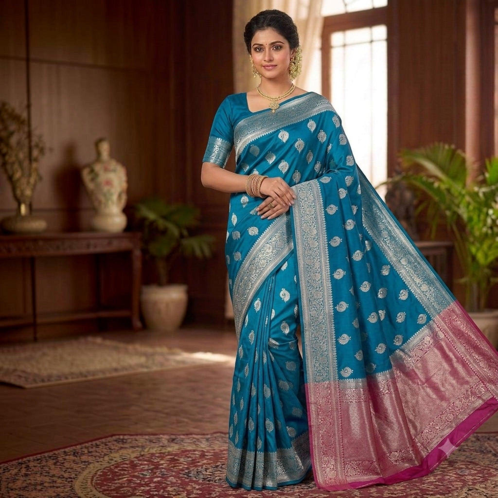 City Center teal silk saree with silver zari woven motifs and a contrasting pink border worn by a woman