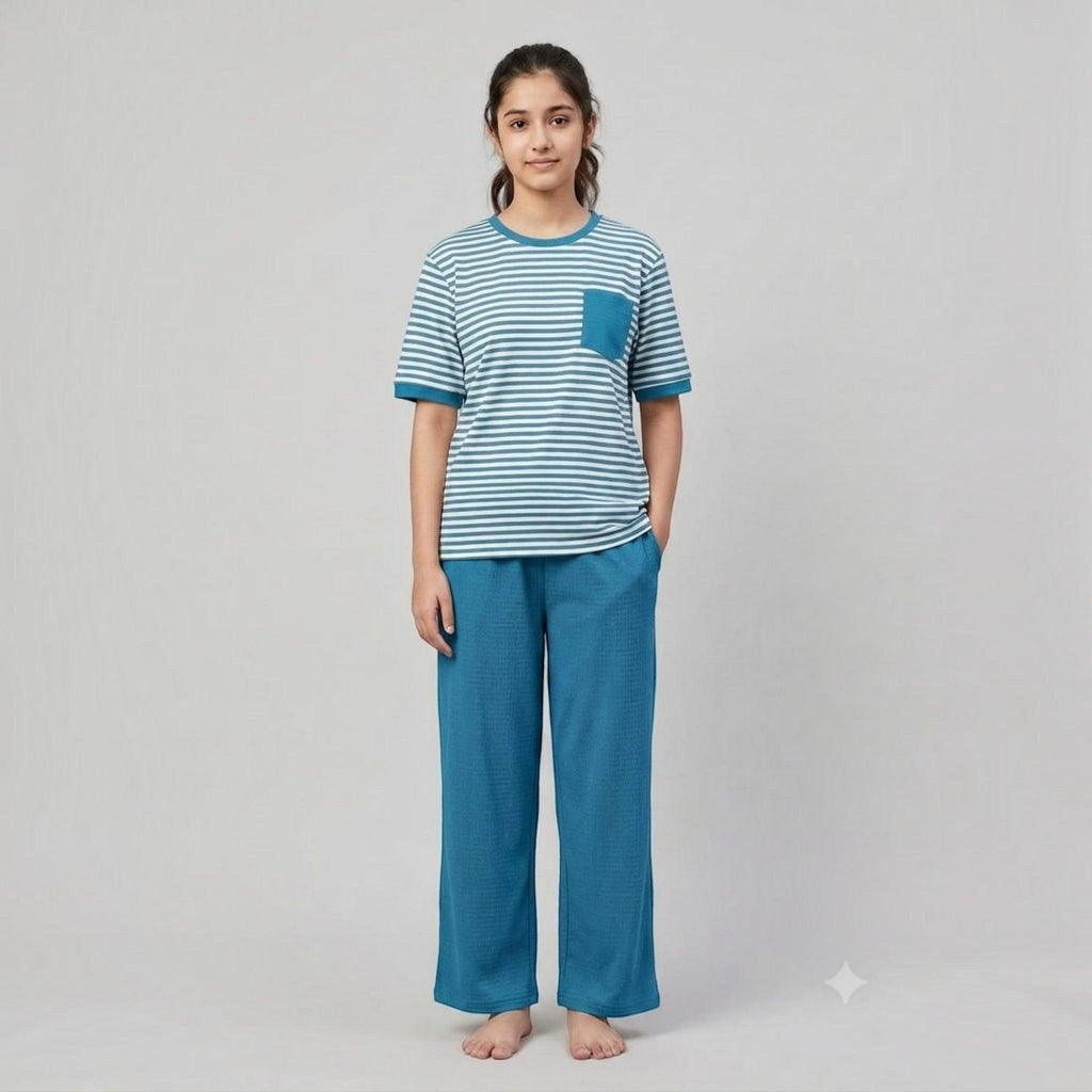 City Center women's airport co-ord set featuring a teal striped t-shirt with pocket and matching wide-leg trousers.