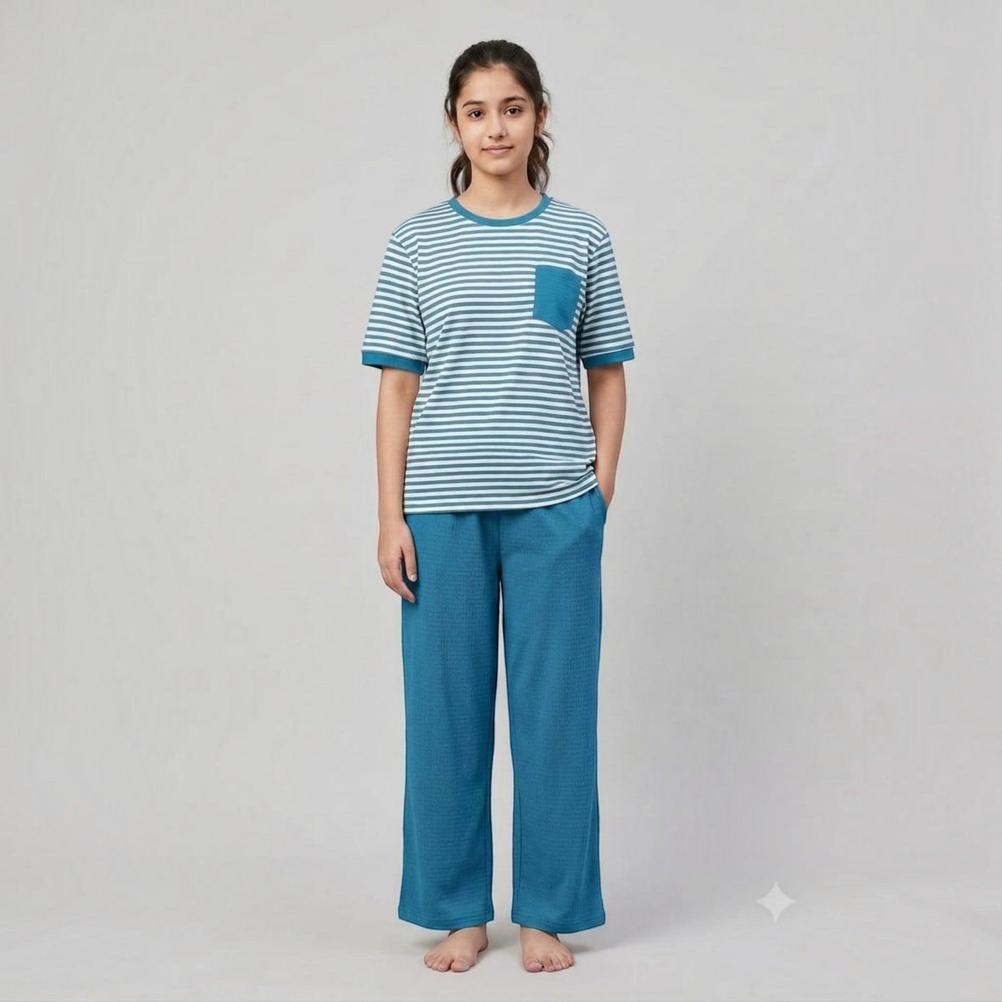 City Center women's airport co-ord set featuring a teal striped t-shirt with pocket and matching wide-leg trousers.