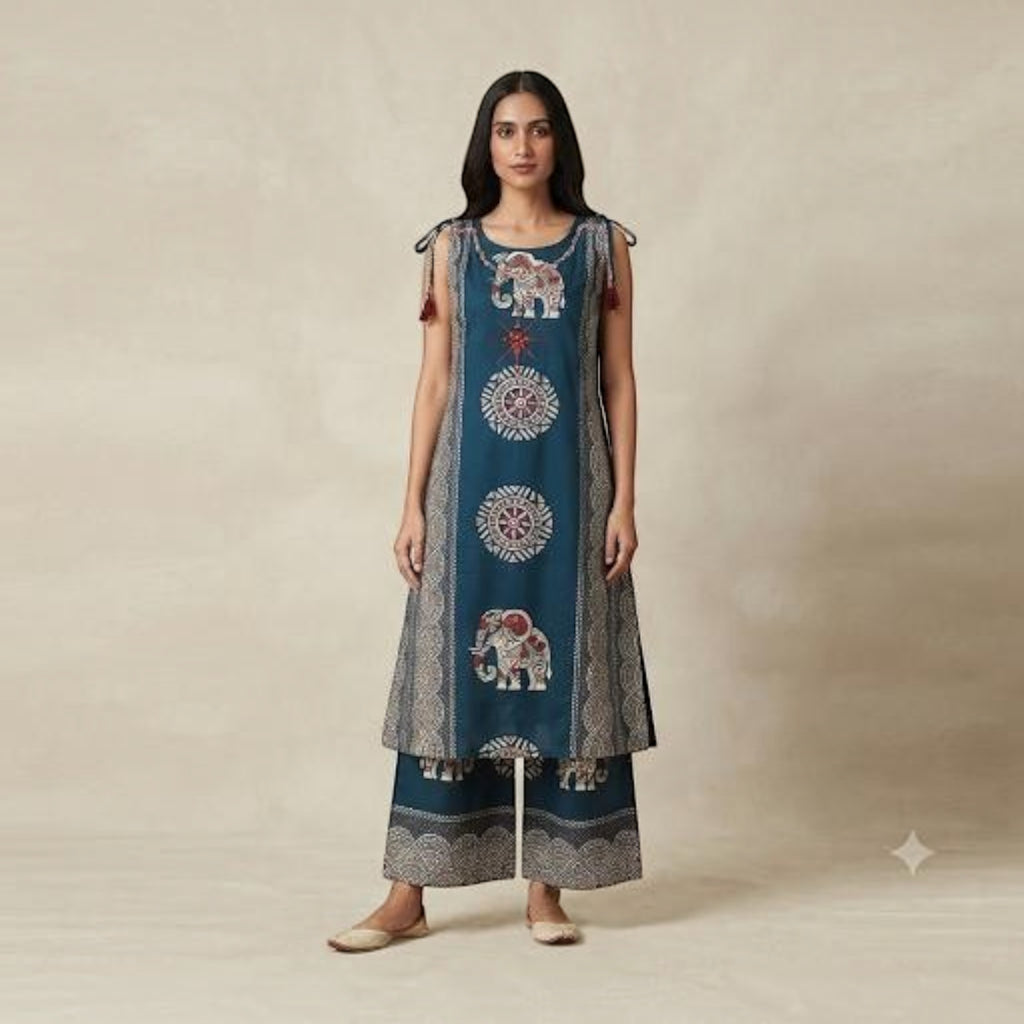 City Center Premium Vatican co-ord set in teal with traditional elephant and mandala print, featuring tie-up shoulders.