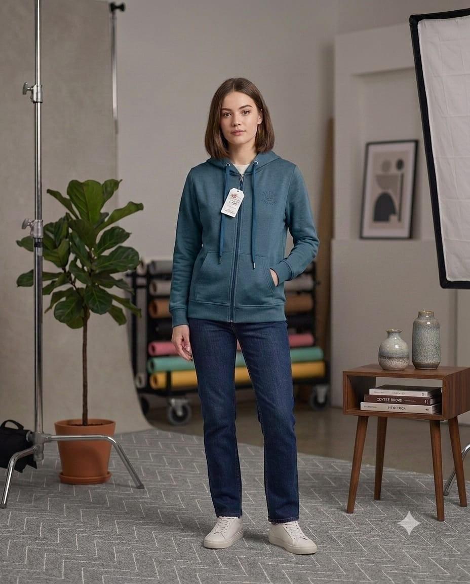 City Center teal full zip hooded sweatshirt with raglan sleeves and good vibes only chest graphic on a woman
