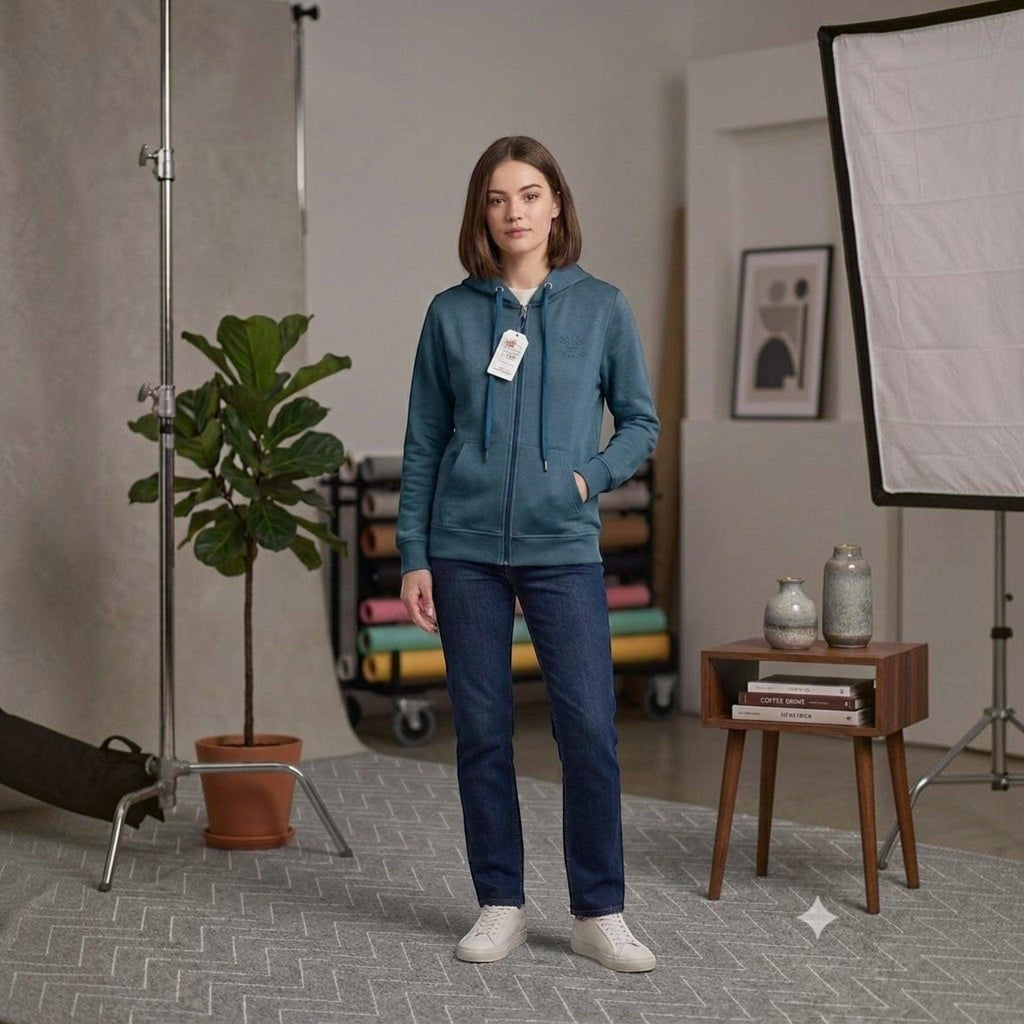 City Center teal full zip hooded sweatshirt worn by a woman with jeans and white sneakers in a studio setting