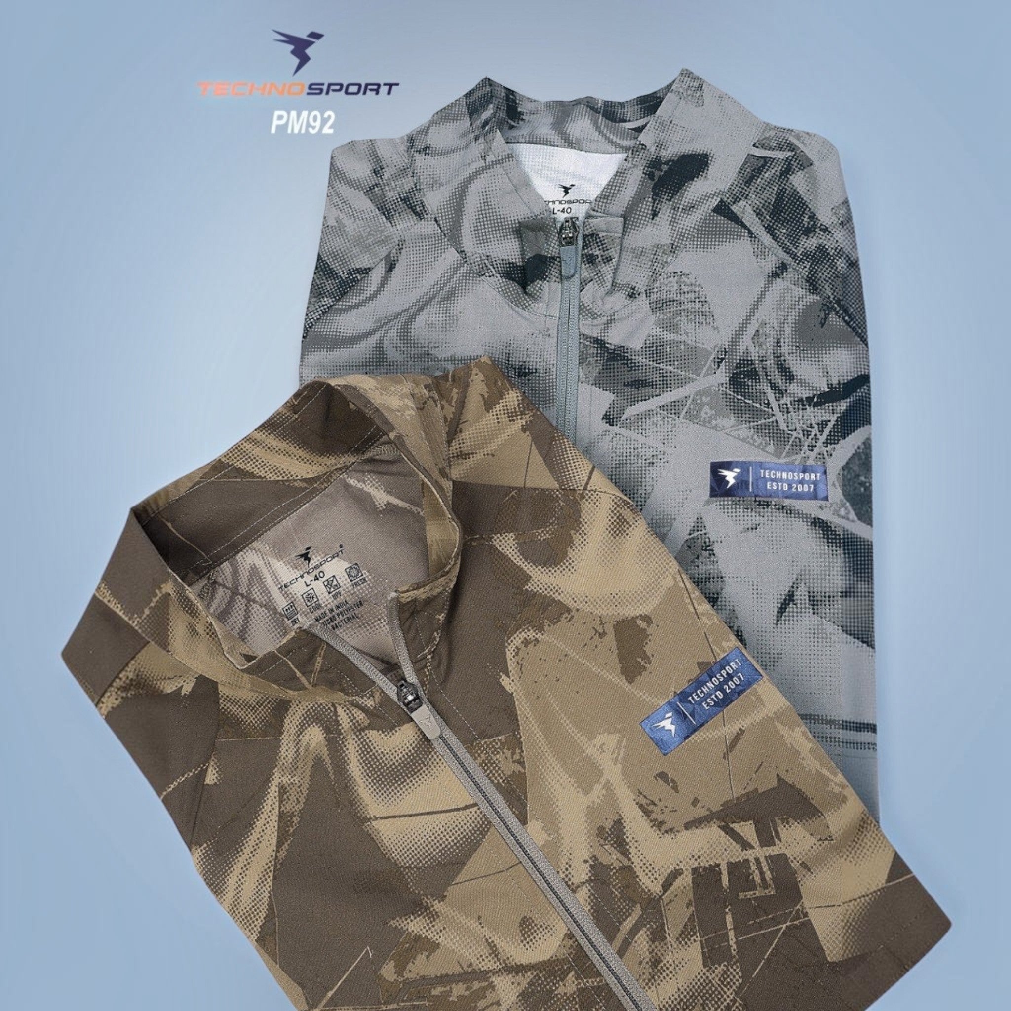 City Center Technosport odour-free hi-neck jackets in grey and brown all-over print with full-zip closure