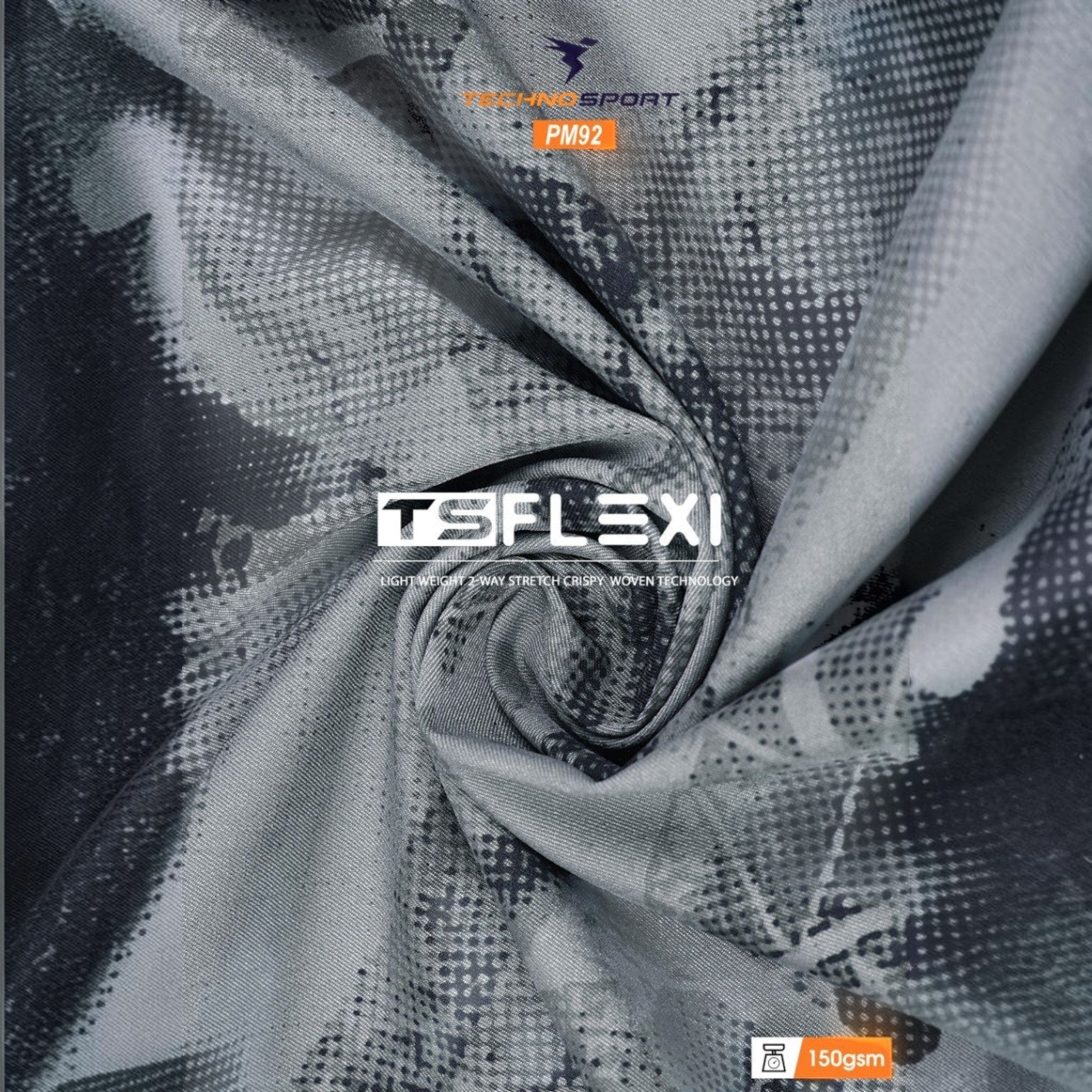 City Center Technosport grey and black all-over print fabric with TS Flexi 2-way stretch technology