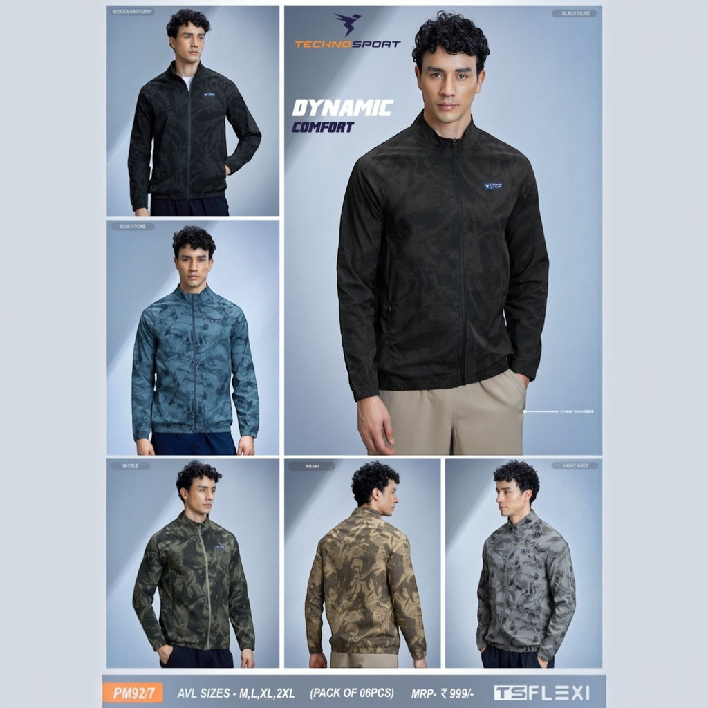 City Center Technosport full-sleeve hi-neck jackets with all-over print in various colors featuring odour-free fabric