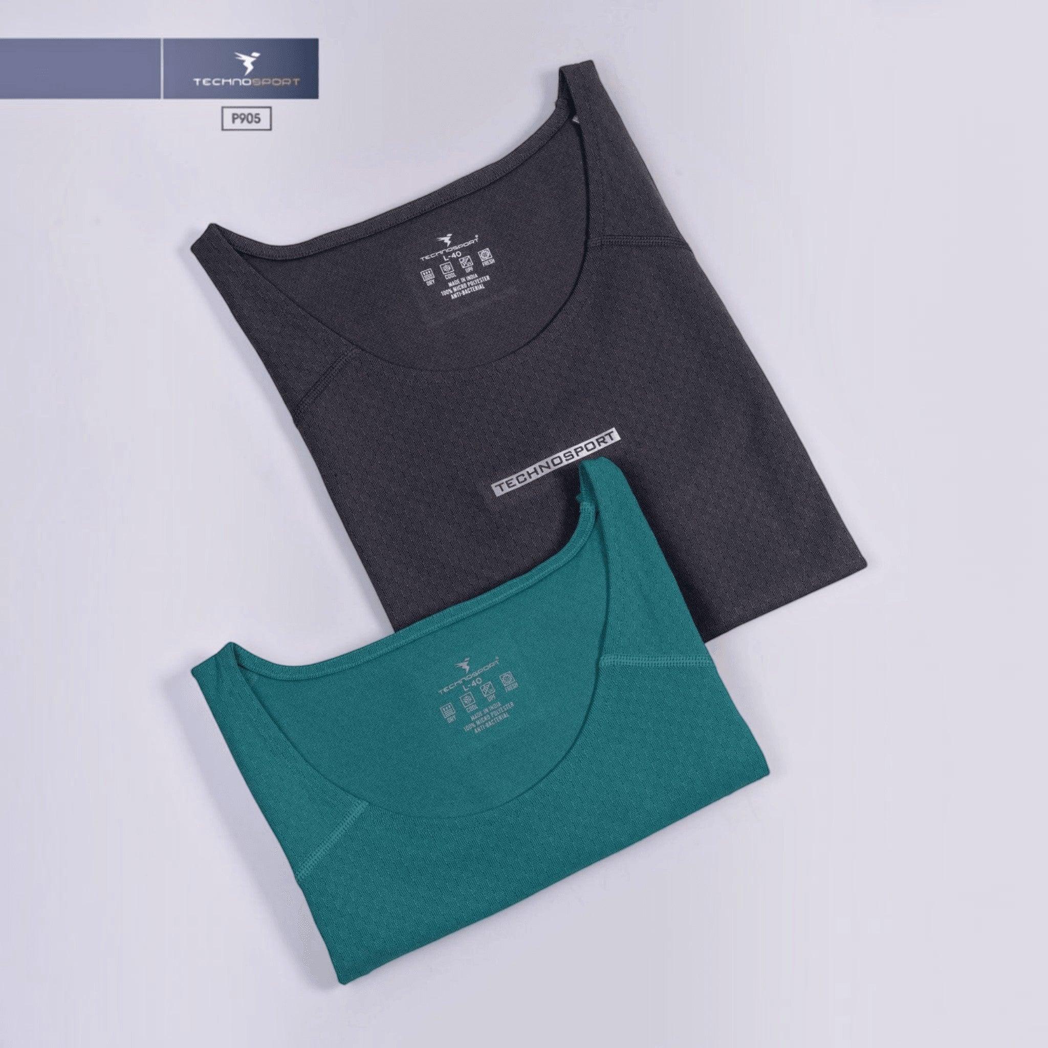 City Center TECHNOSPORT Millenova sleeveless athletic tank tops in charcoal grey and teal green ElastoLITE fabric.