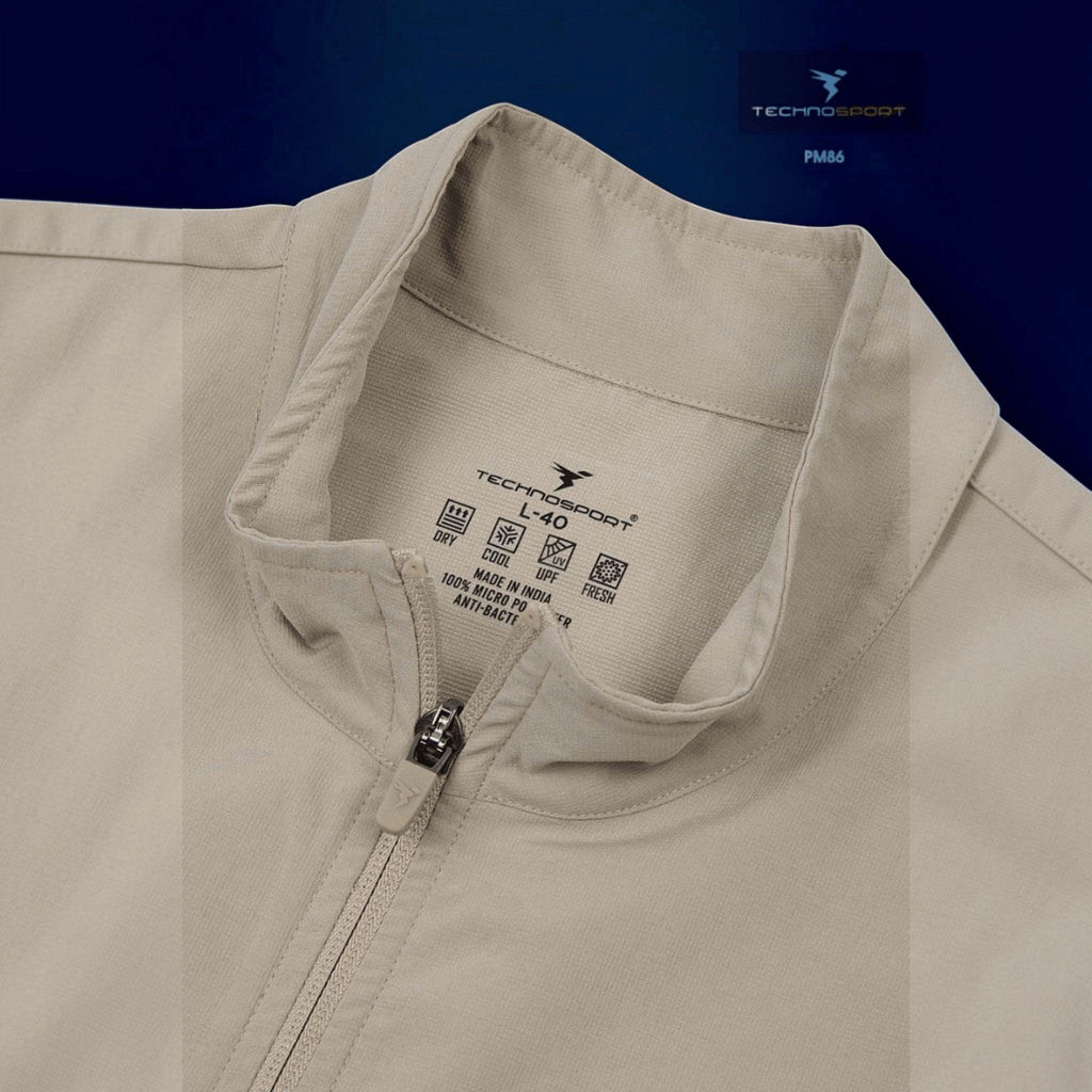 City Center Technosport beige lightweight hi-neck jacket with moisture-wicking fabric and front zipper closure