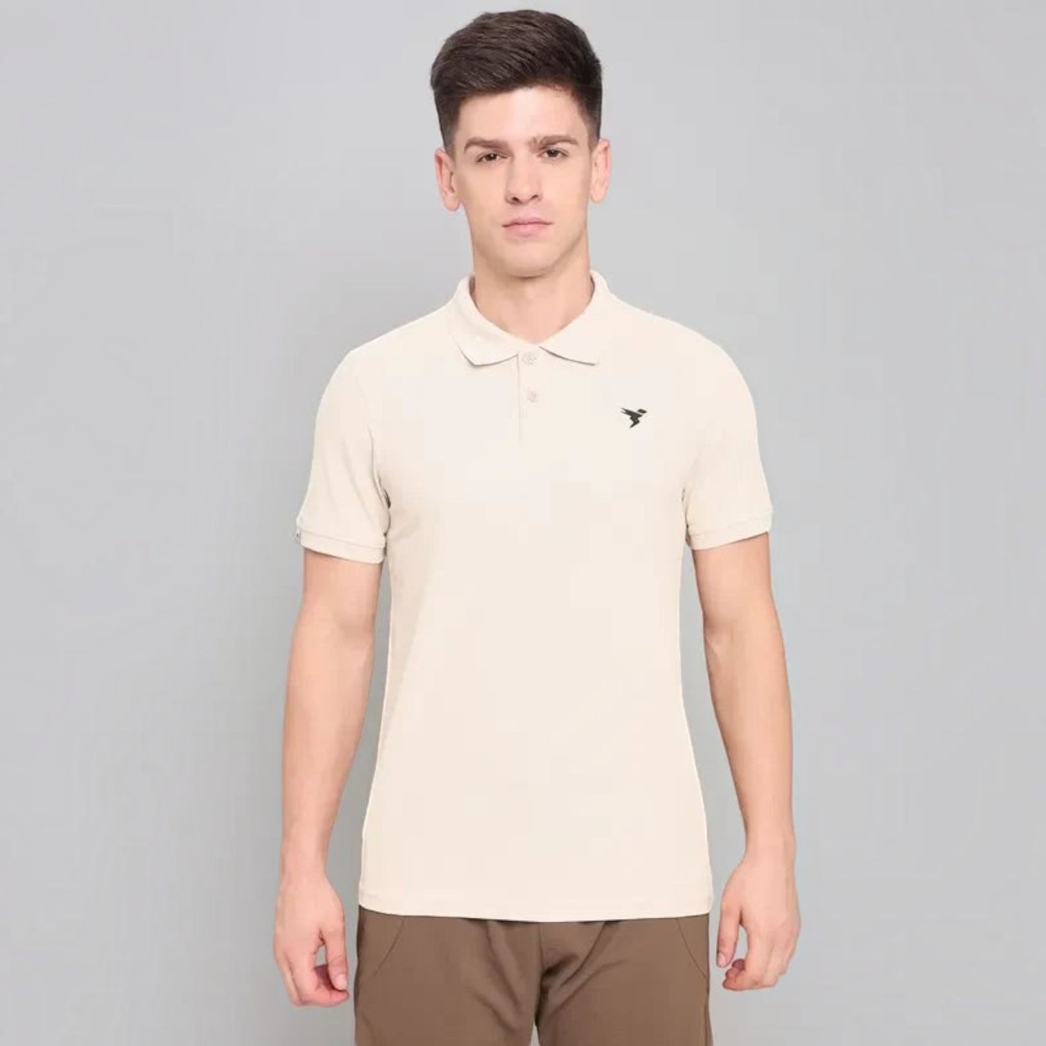City Center TechnoSport OR-11 beige dry fit polo neck t-shirt with button placket worn by a male model