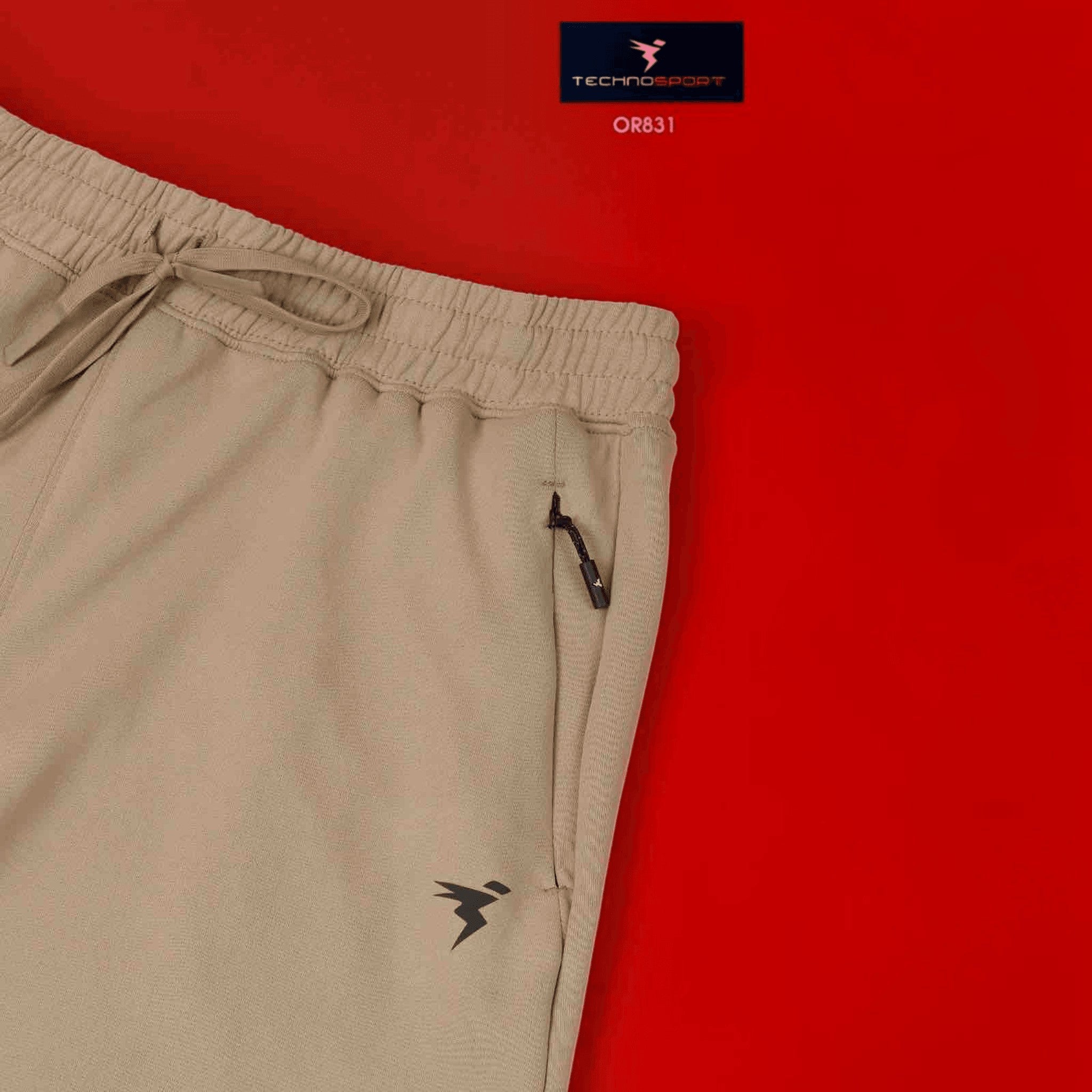 City Center Technosport mens beige slim fit track pants with moisture-wicking fabric and zippered side pocket