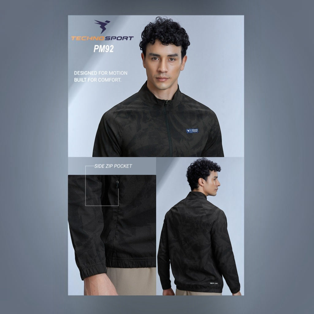 City Center Technosport black hi-neck full sleeve jacket with all-over print and side zip pockets on a male model