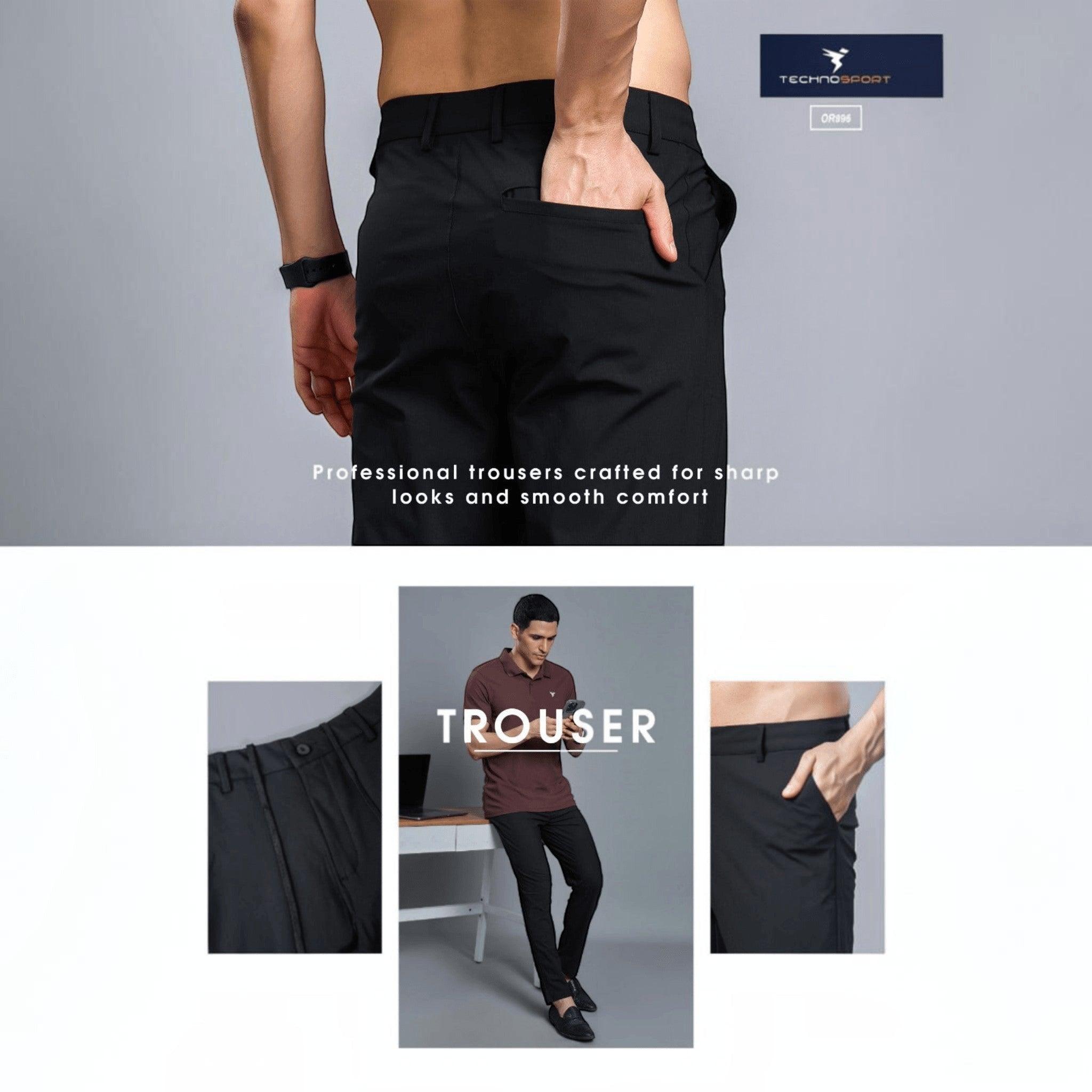 City Center Technosport DuraCool+ black formal trousers with 4-way stretch fabric and regular fit on a model