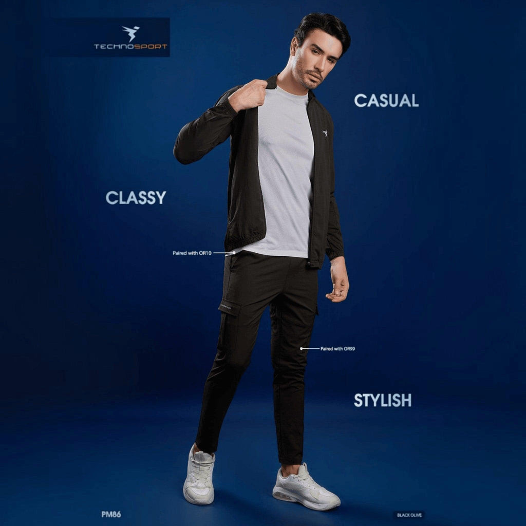 City Center Technosport black slim-fit hi-neck jacket worn by a model over a white t-shirt and matching trousers