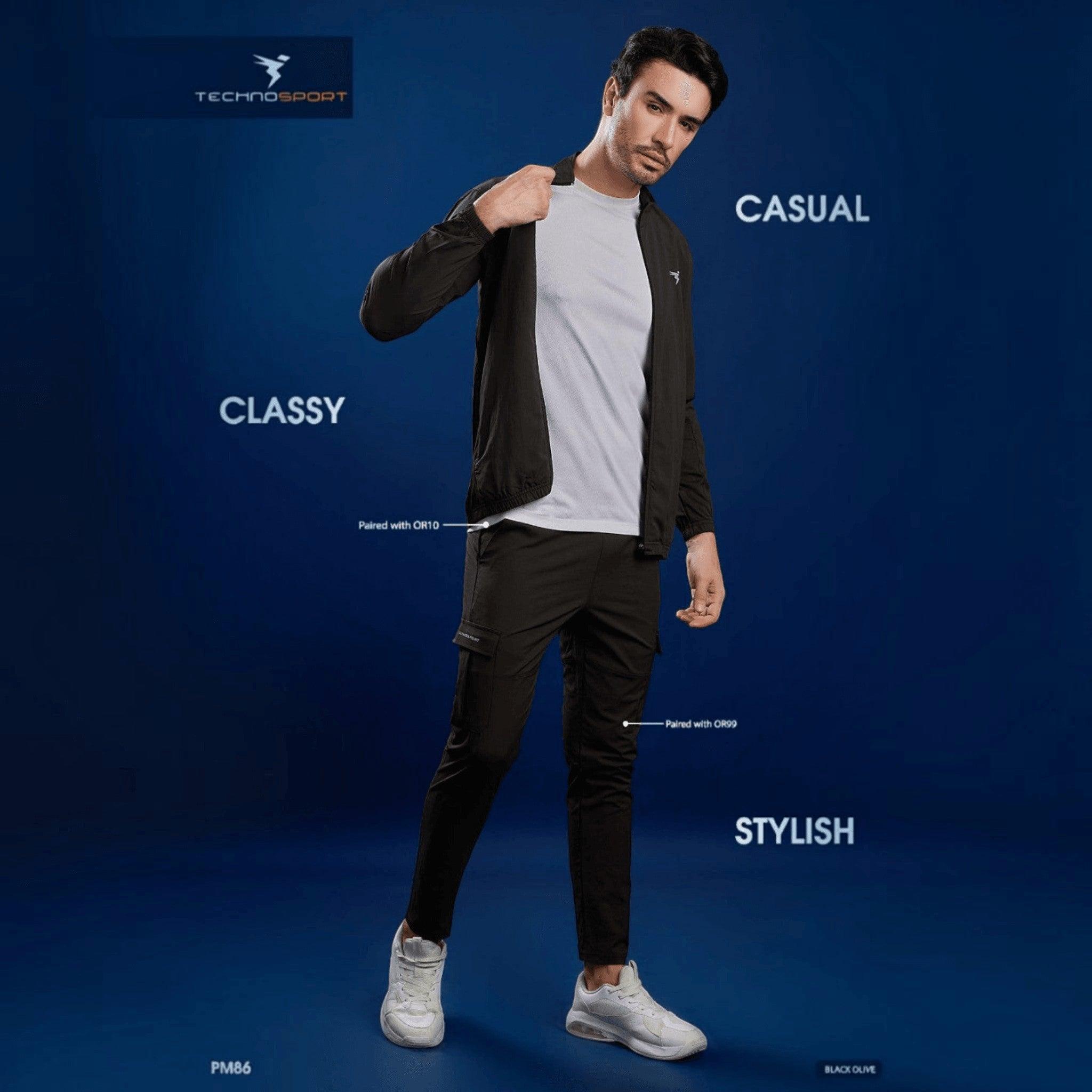 City Center Technosport black slim-fit hi-neck jacket worn by a model over a white t-shirt and matching trousers