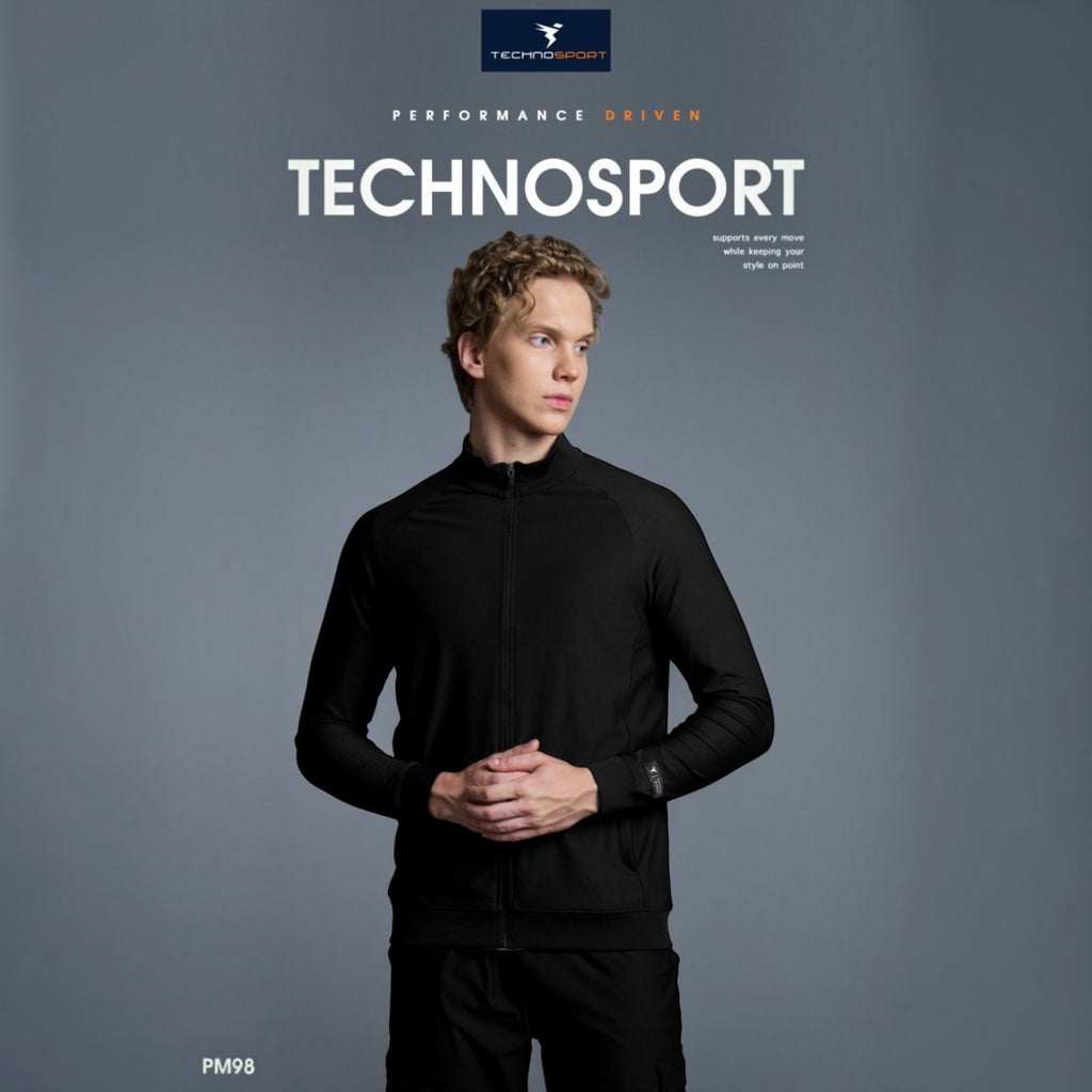 City Center Technosport DuraCool+ black high-neck jacket with moisture-wicking fabric worn by a male model